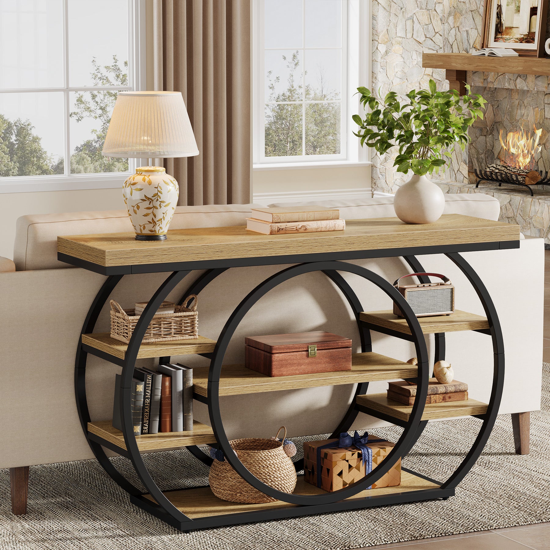 Consoletafel van 120 cm met 5 Lagen in Industrieel Design, Smalle Banktafel voor Woonkamer en Hal in Rustiek Bruin