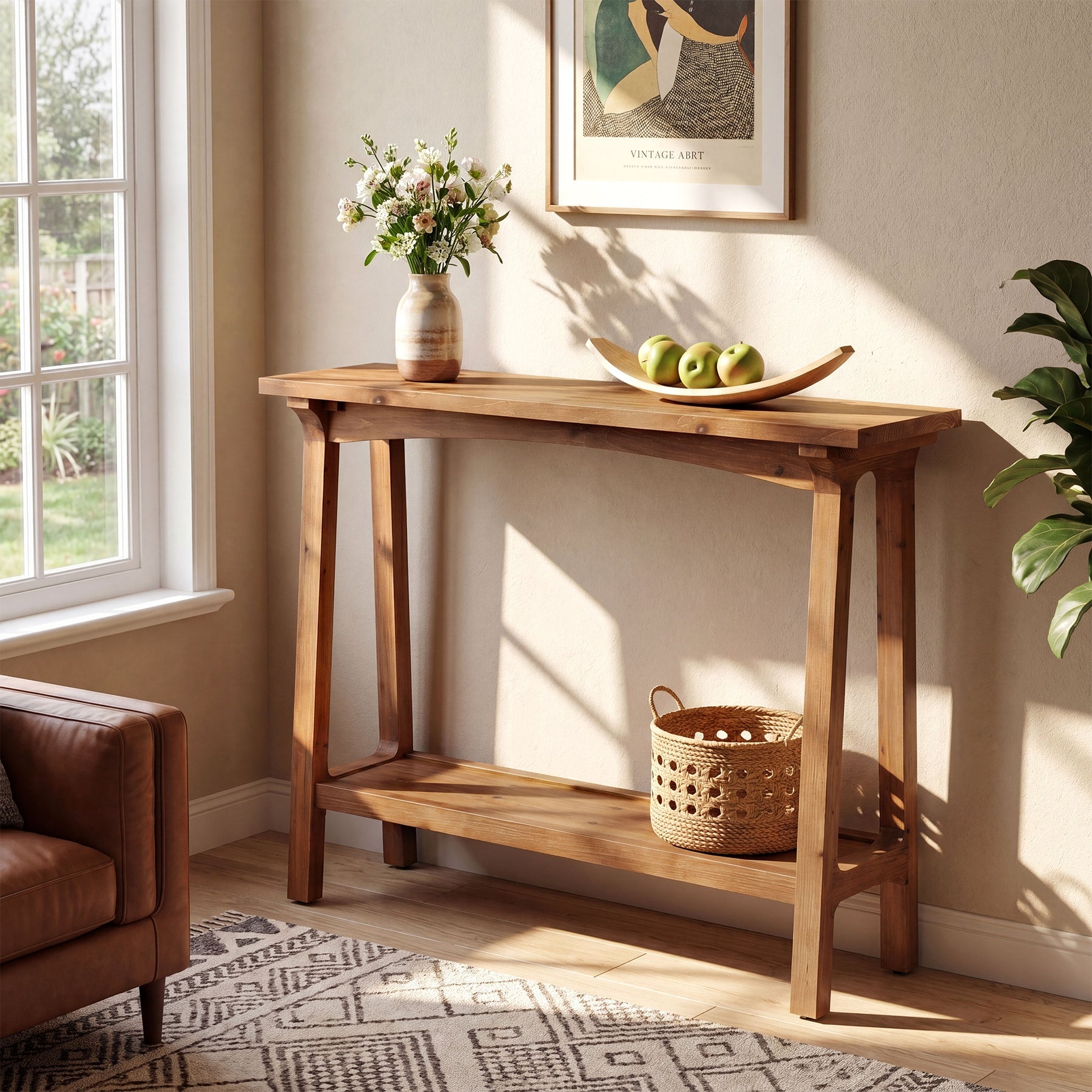Tribesigns Massief Houten Console Tafel 100 cm, Smalle Haltafel met 2 Planken voor Entree & Woonkamer
