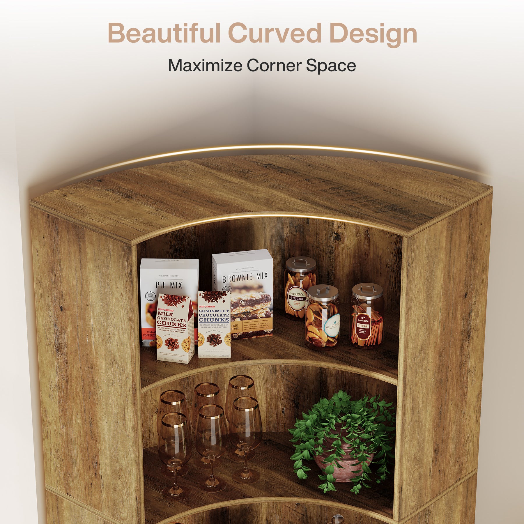 180 cm Hoge Hoekboekenkast, Landelijke Opbergkast met Gebogen Randen voor Woonkamer