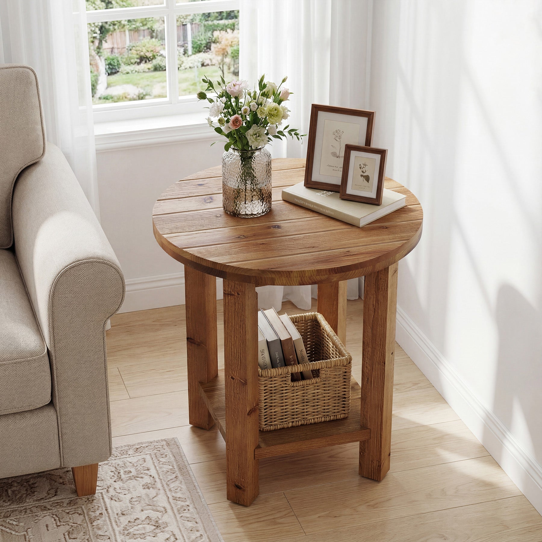 50 cm Tribesigns Ronde Bijzettafel, Massief Houten Tafel met Opbergplank