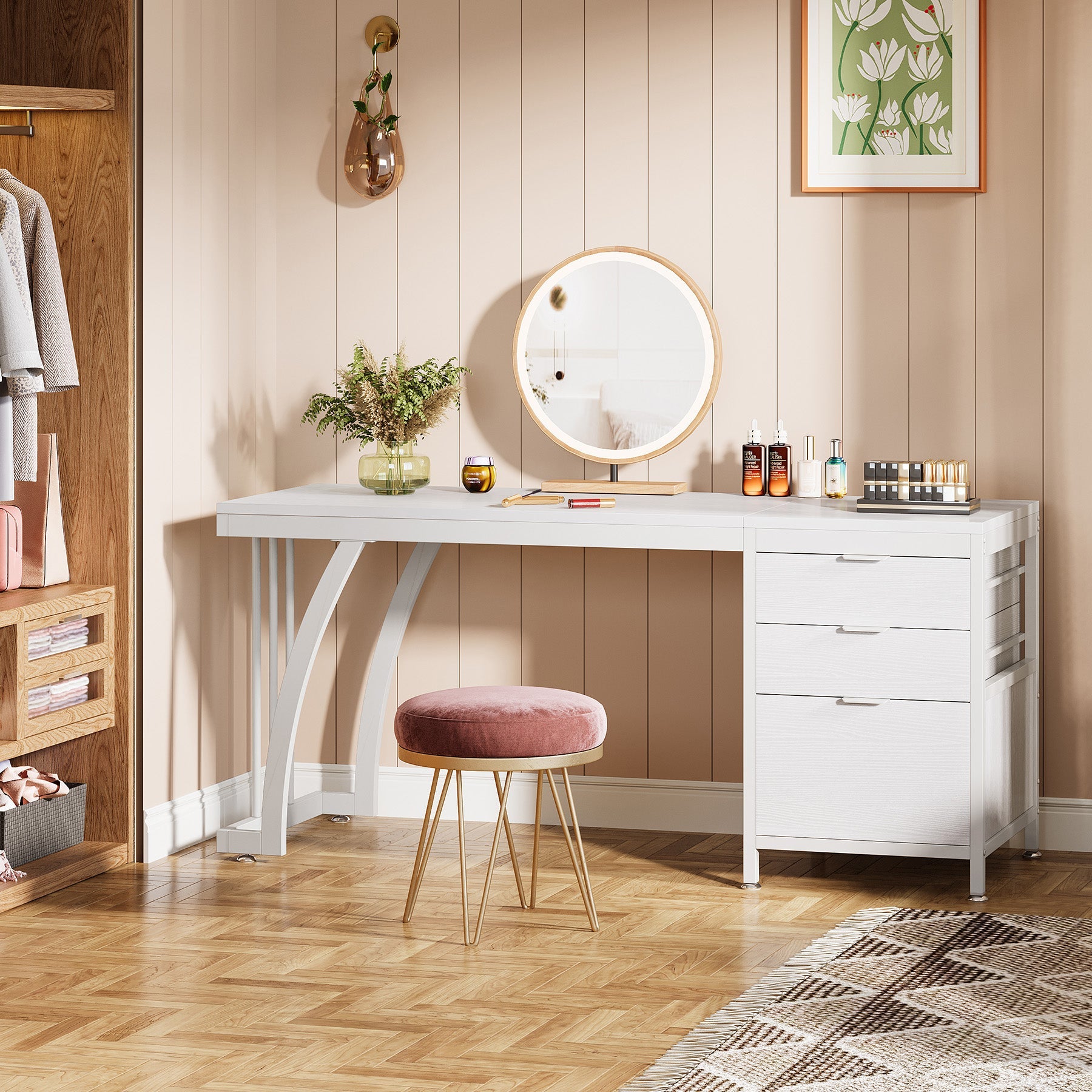 150 cm Met 3 Laden, Make-up Bureau Met Ombouwbare Opbergruimte