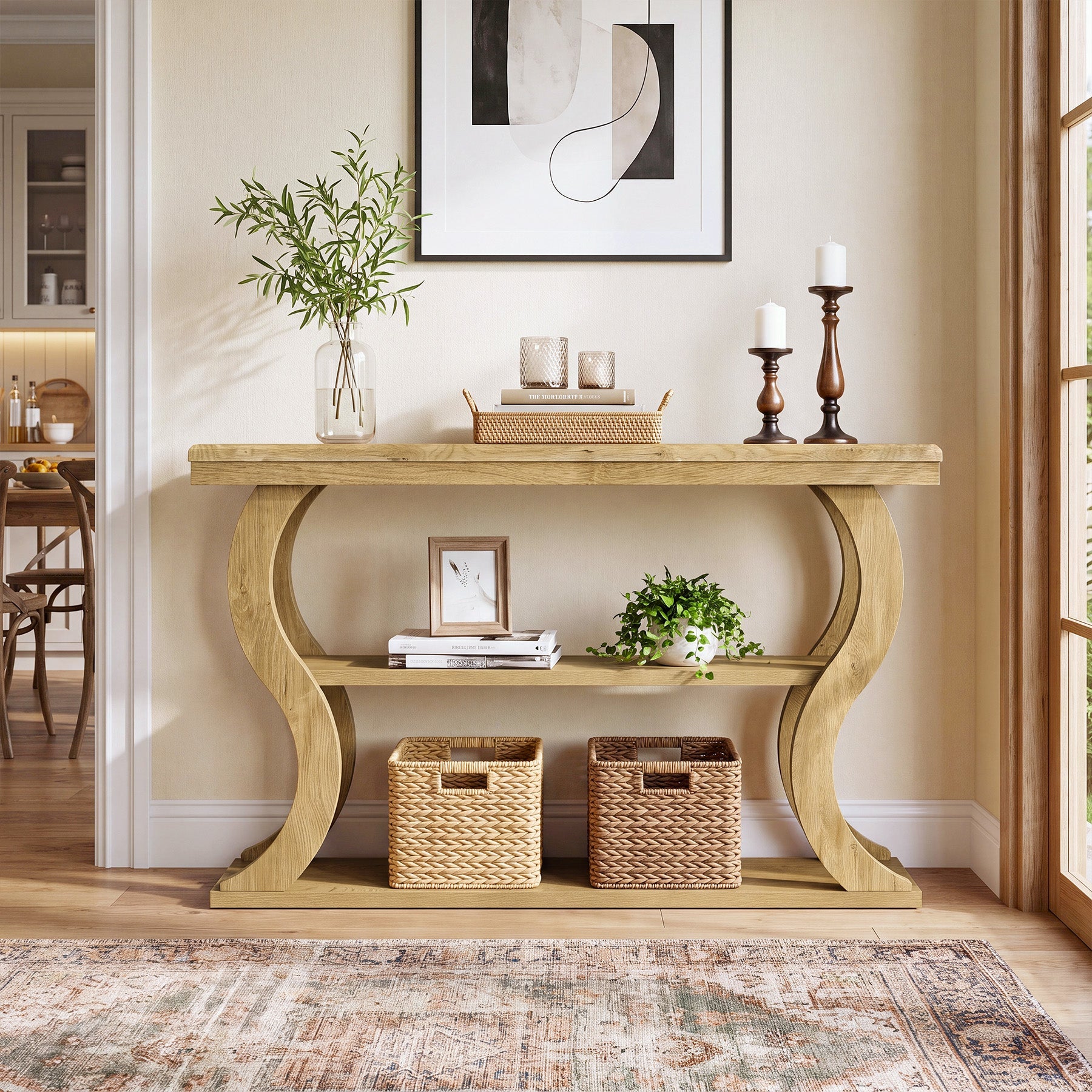 Tribesigns consolentafel 140 cm met 3 planken, smalle gangtafel met golfvormig design
