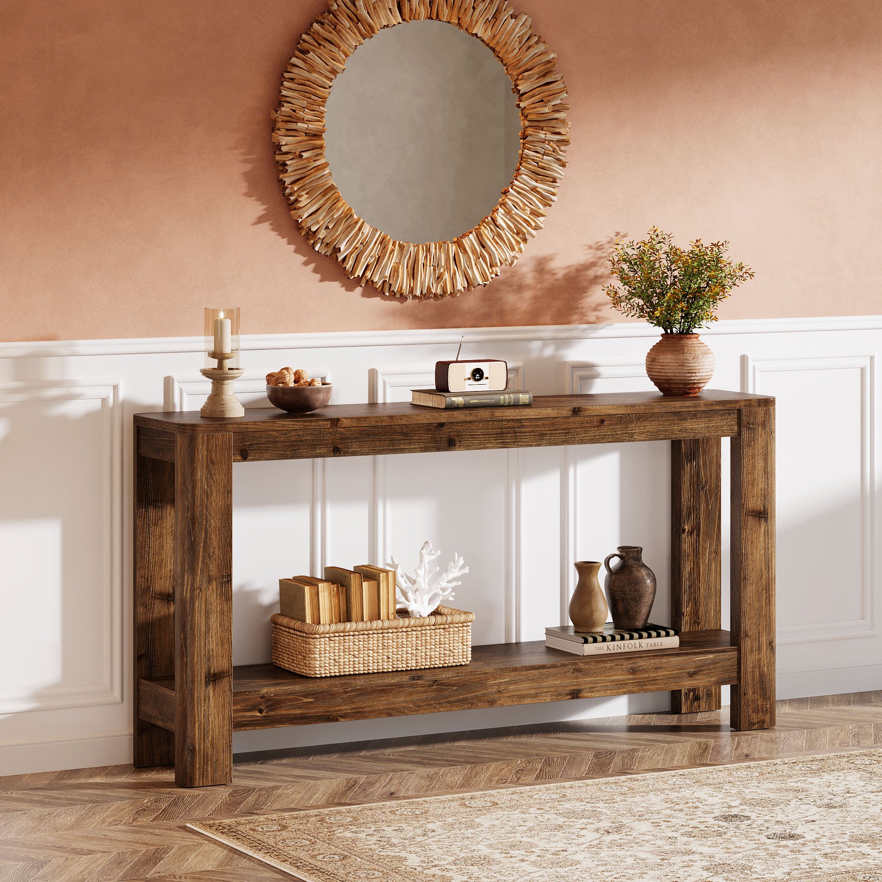 160 cm Massief Houten Consoletafel, Smalle Farmhouse Sidetable met Rek