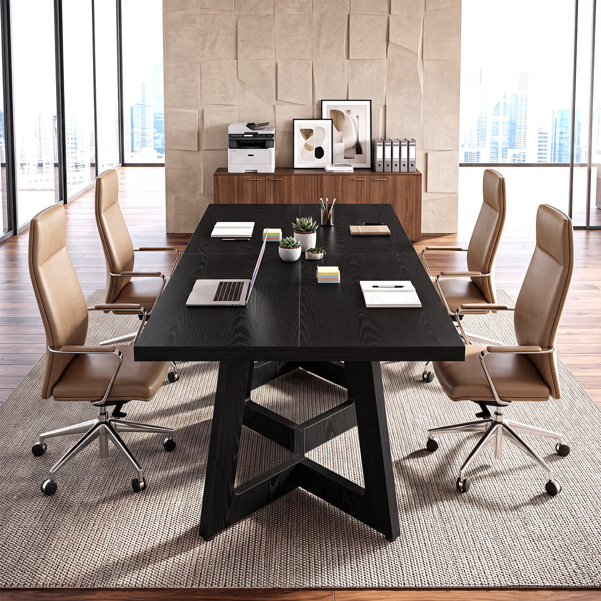 100 cm vierkante vergadertafel voor 2-4 personen met zwart design en stevige trapeziumpoten, kantoortafel voor kantoor