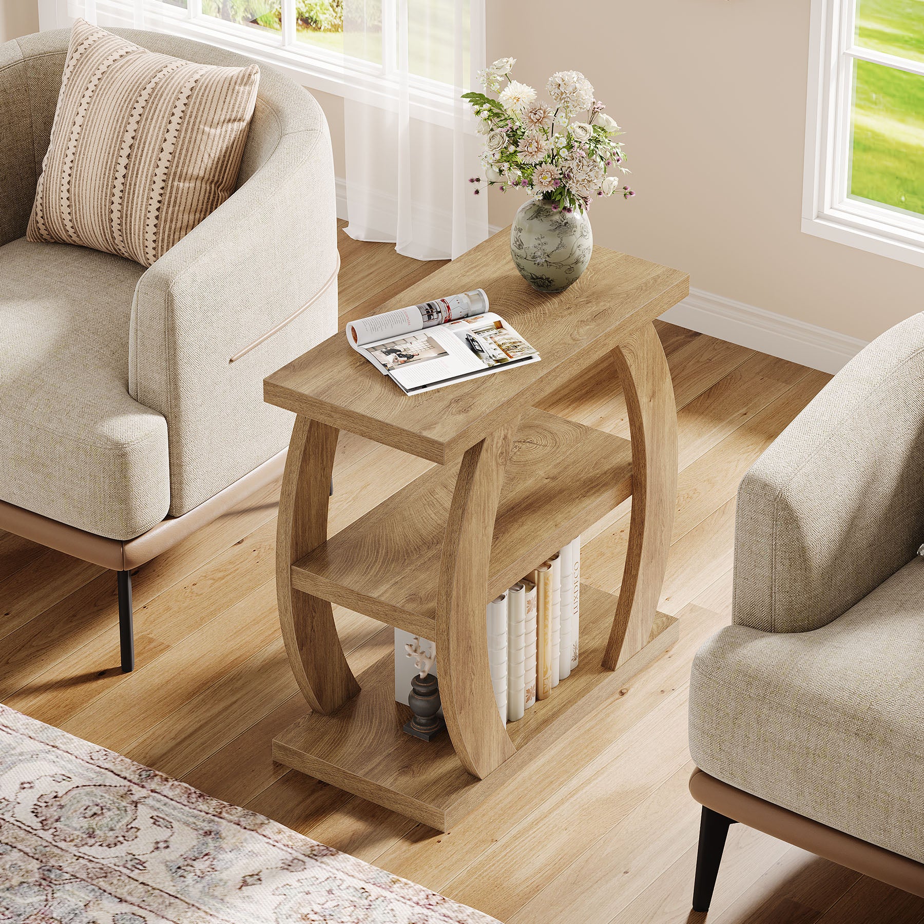 80 cm Hoge Bijzettafel voor Woonkamer, 3-Tier Smalle Tafel met Opbergruimte