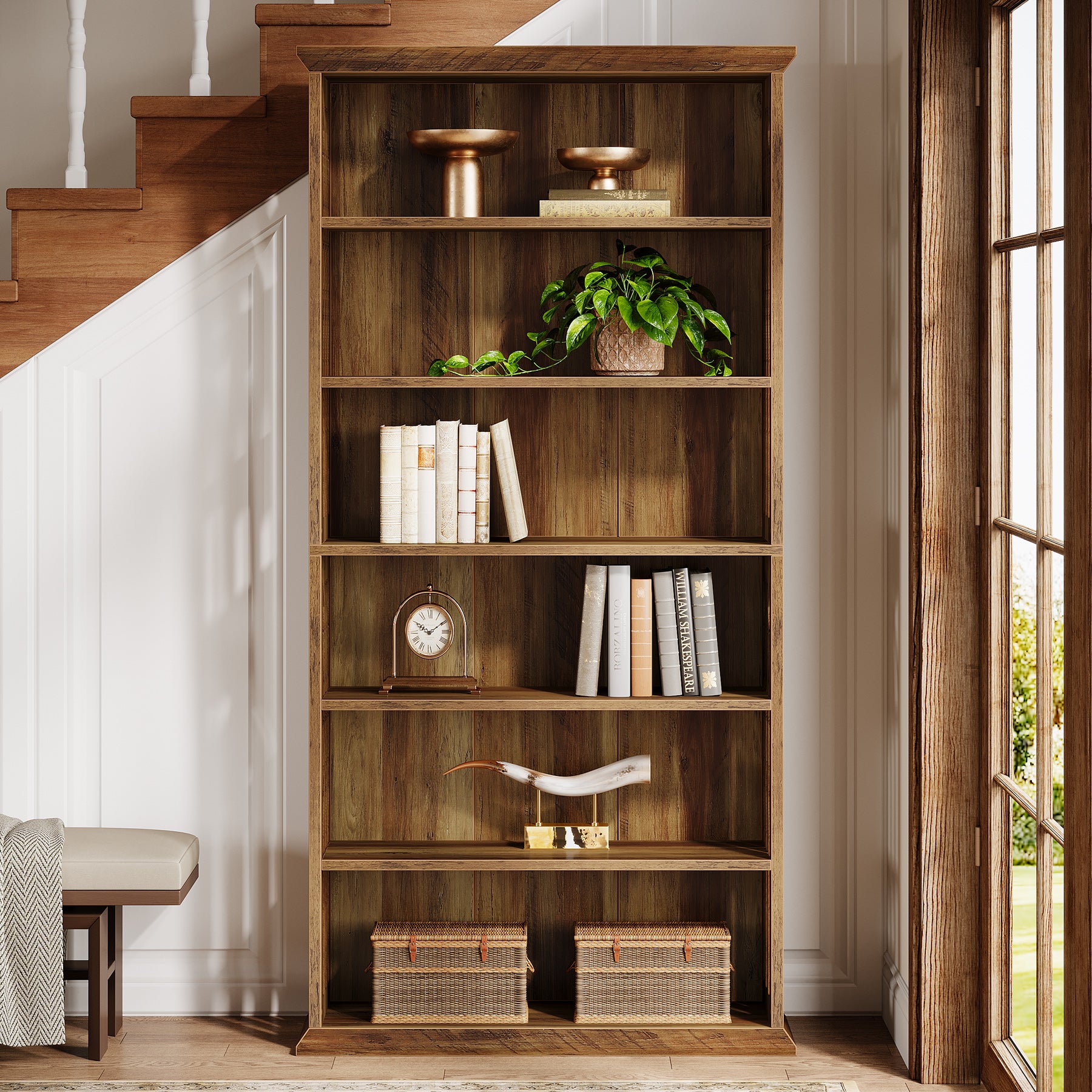 190 cm Hoge Boekenkast met 6 Lagen, Ruime Vrijstaande Houten Opberg- en Displaykast, Bruin