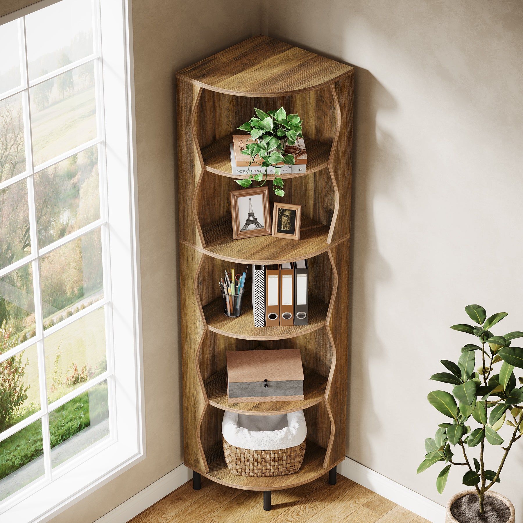 182 cm Hoge Hoekkast, Vijfplanken Opbergmeubel voor Woonkamer en Slaapkamer