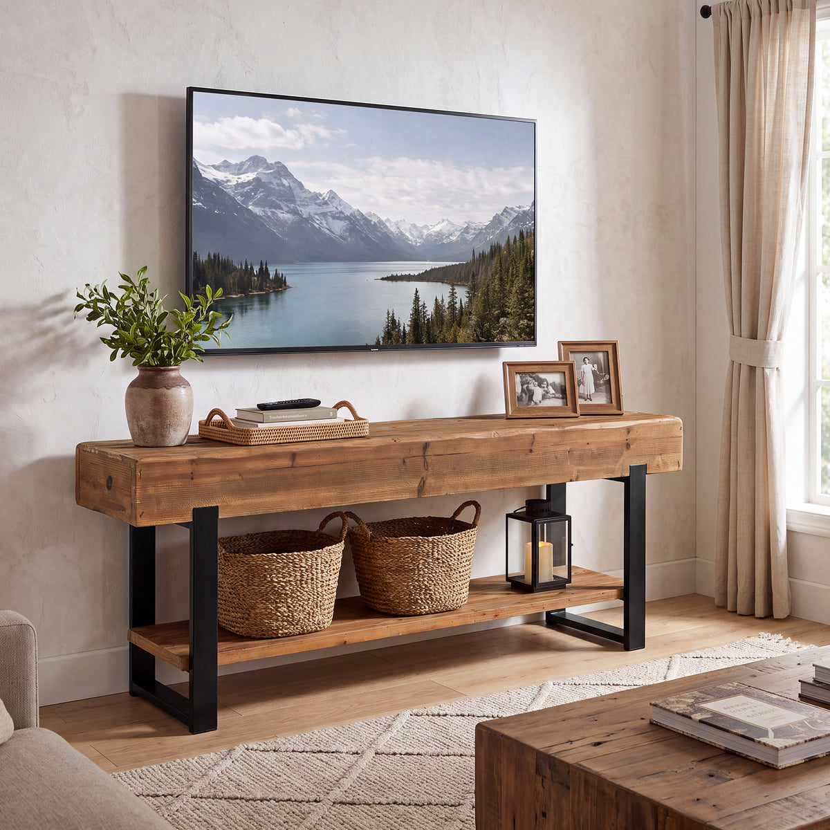 Tribesigns 160 cm tv-meubel van massief hout met 2-laags opbergrek en metalen frame, landelijke tv-kast voor woonkamer