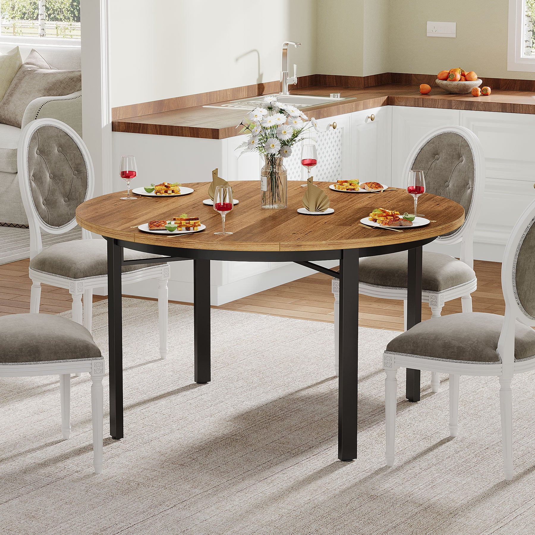 118,5 cm Ronde Eettafel Voor 4-6 Personen, Solide Metalen Poten Voor Keuken of Eetkamer