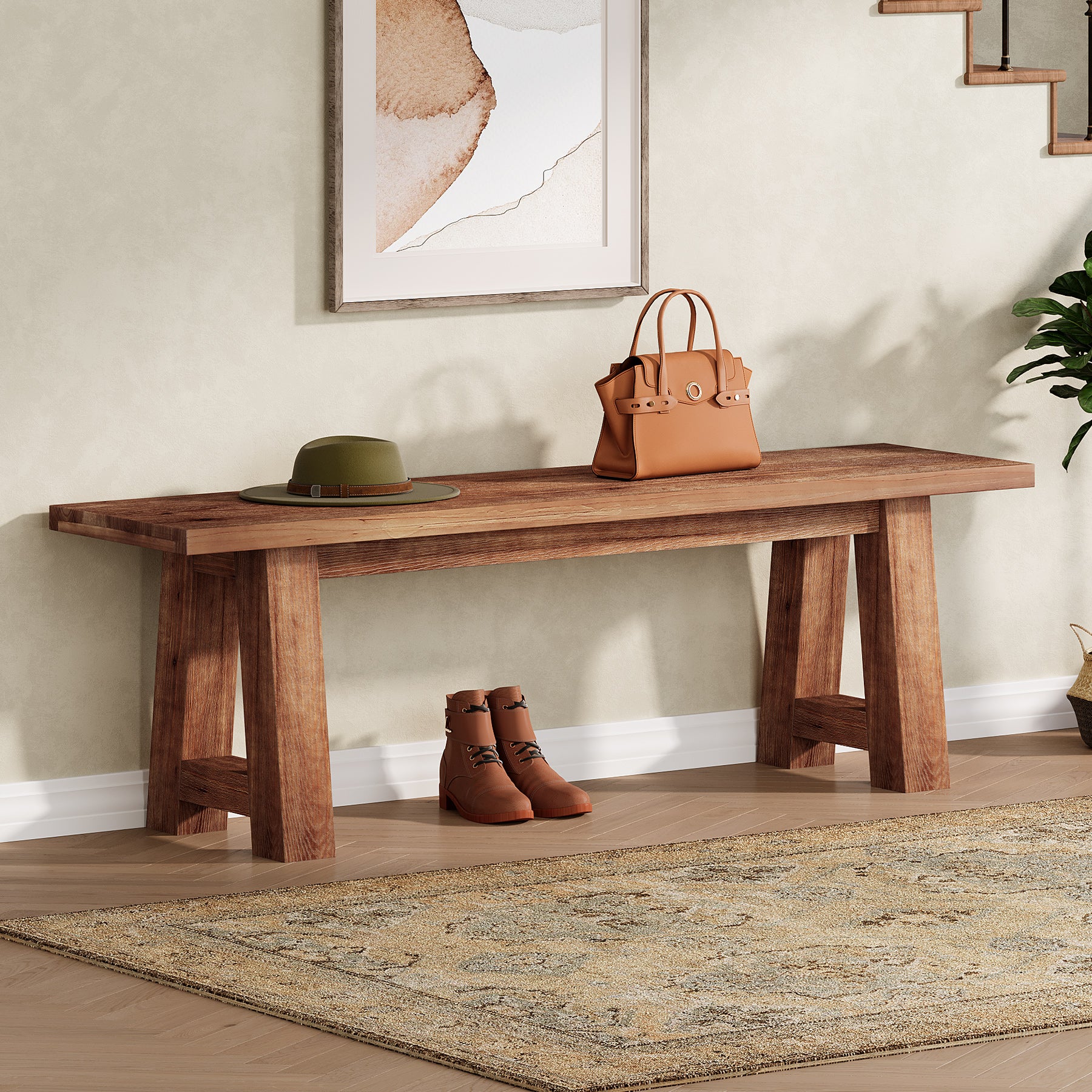 140 cm massief houten bank, landelijke schoenenbank voor in de hal en woonkamer