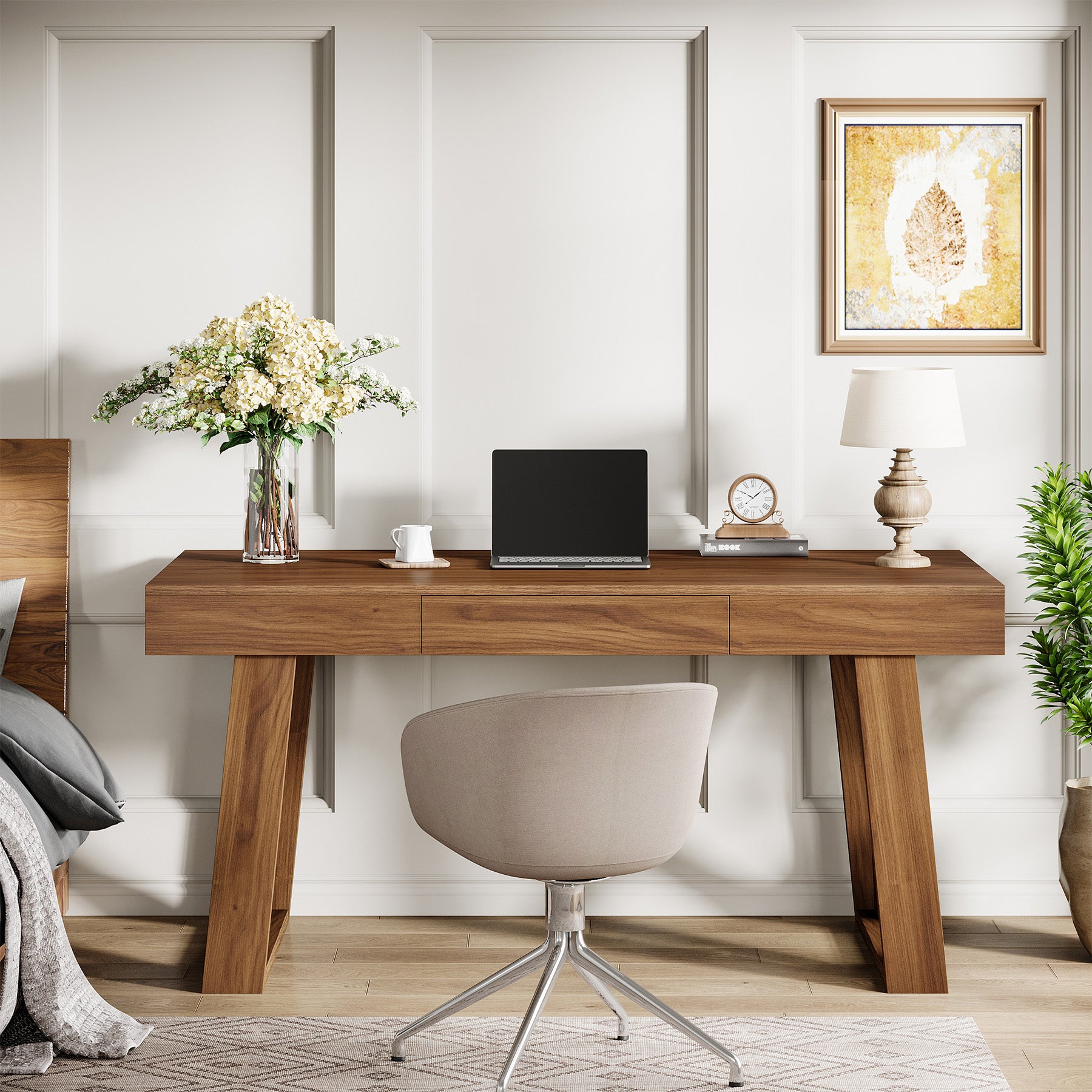 140 cm Bredere Bureau, Retro Houten Bureau met Laden voor Thuiswerk en Kantoor