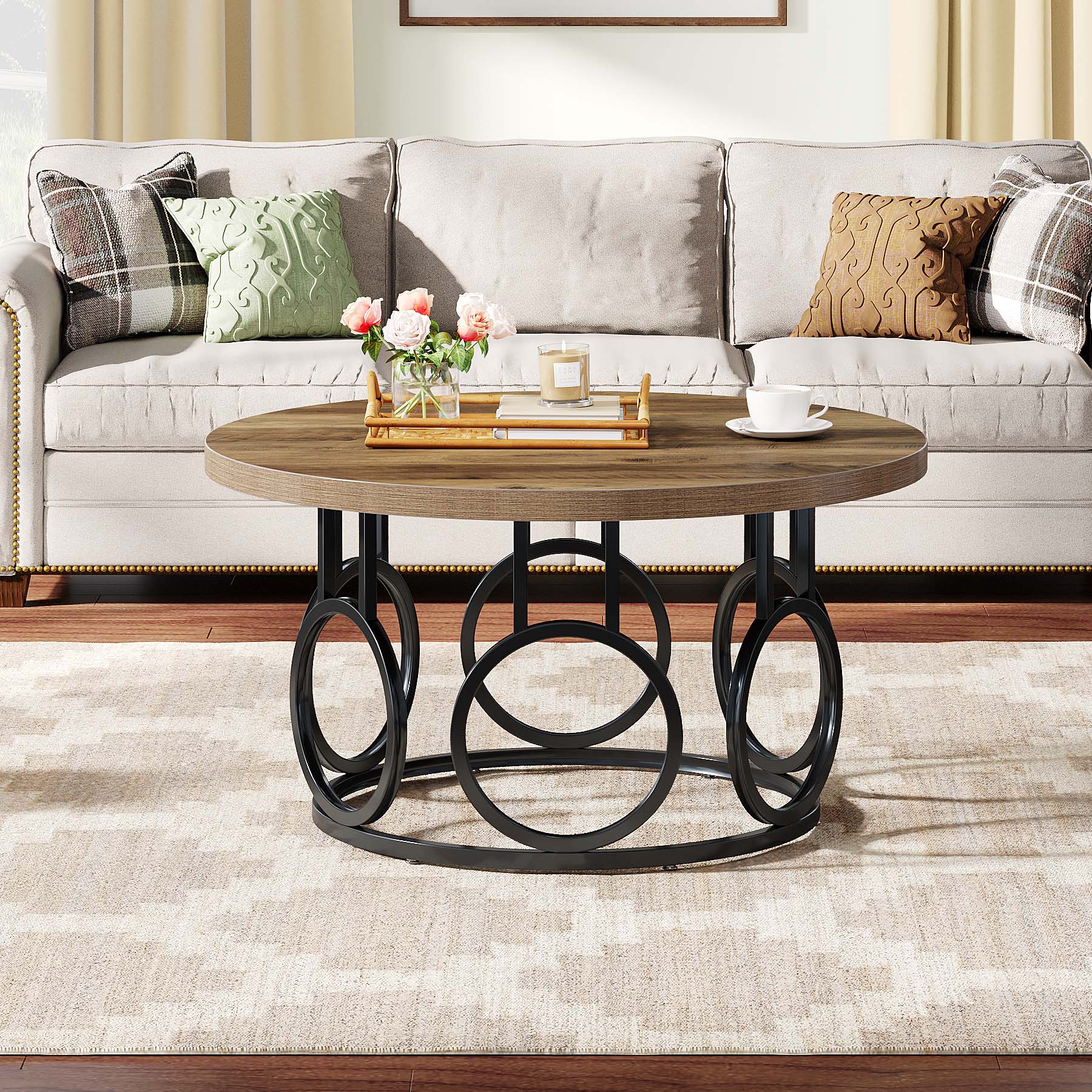 Ronde Salontafel 80 × 80 × 45 cm in Rustiek Hout, Moderne Industriële Tafel met Metalen Onderstel