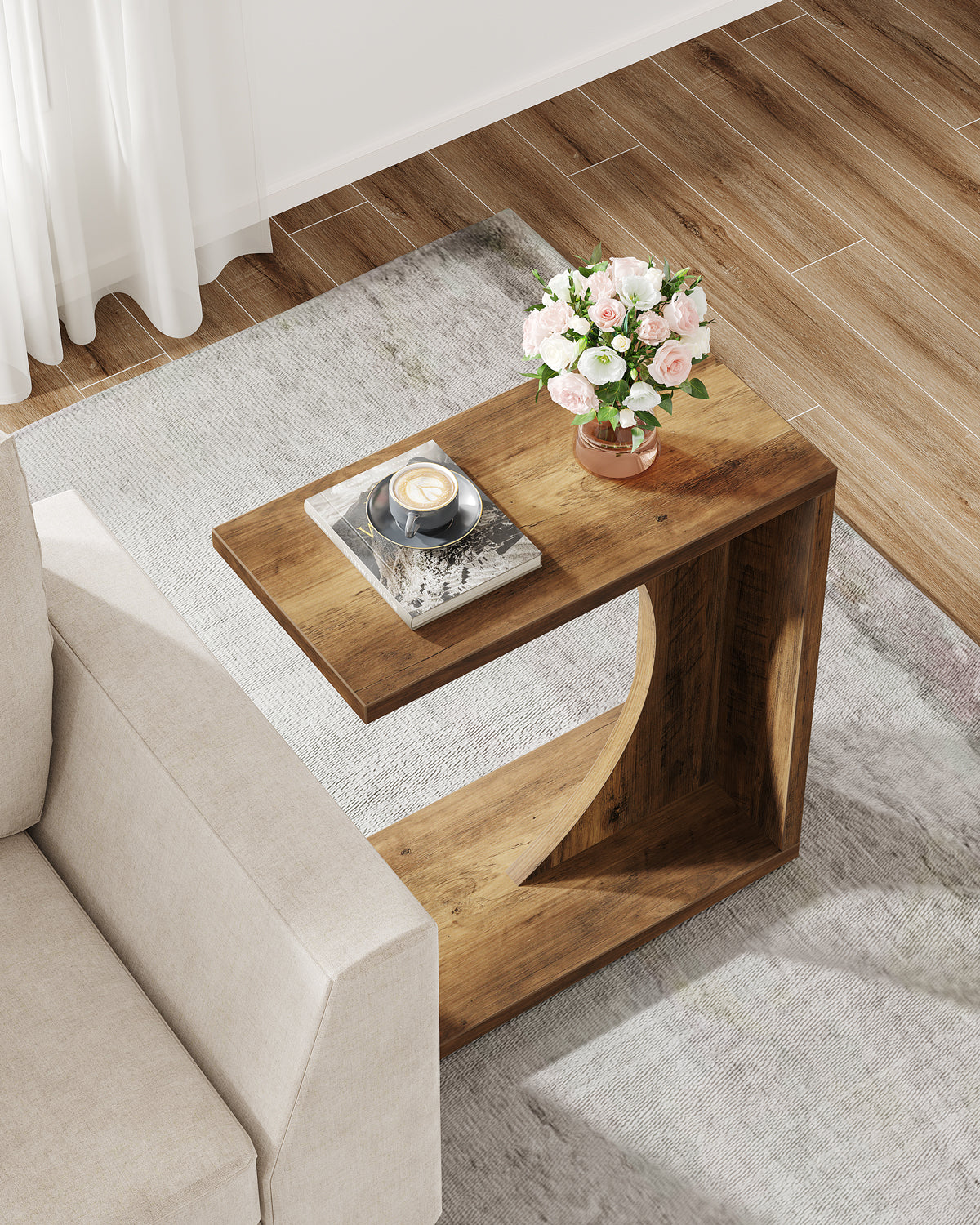 C-vormige Bijzettafel van Hout, Smalle Rustieke Tafel met Dienblad voor Woonkamer