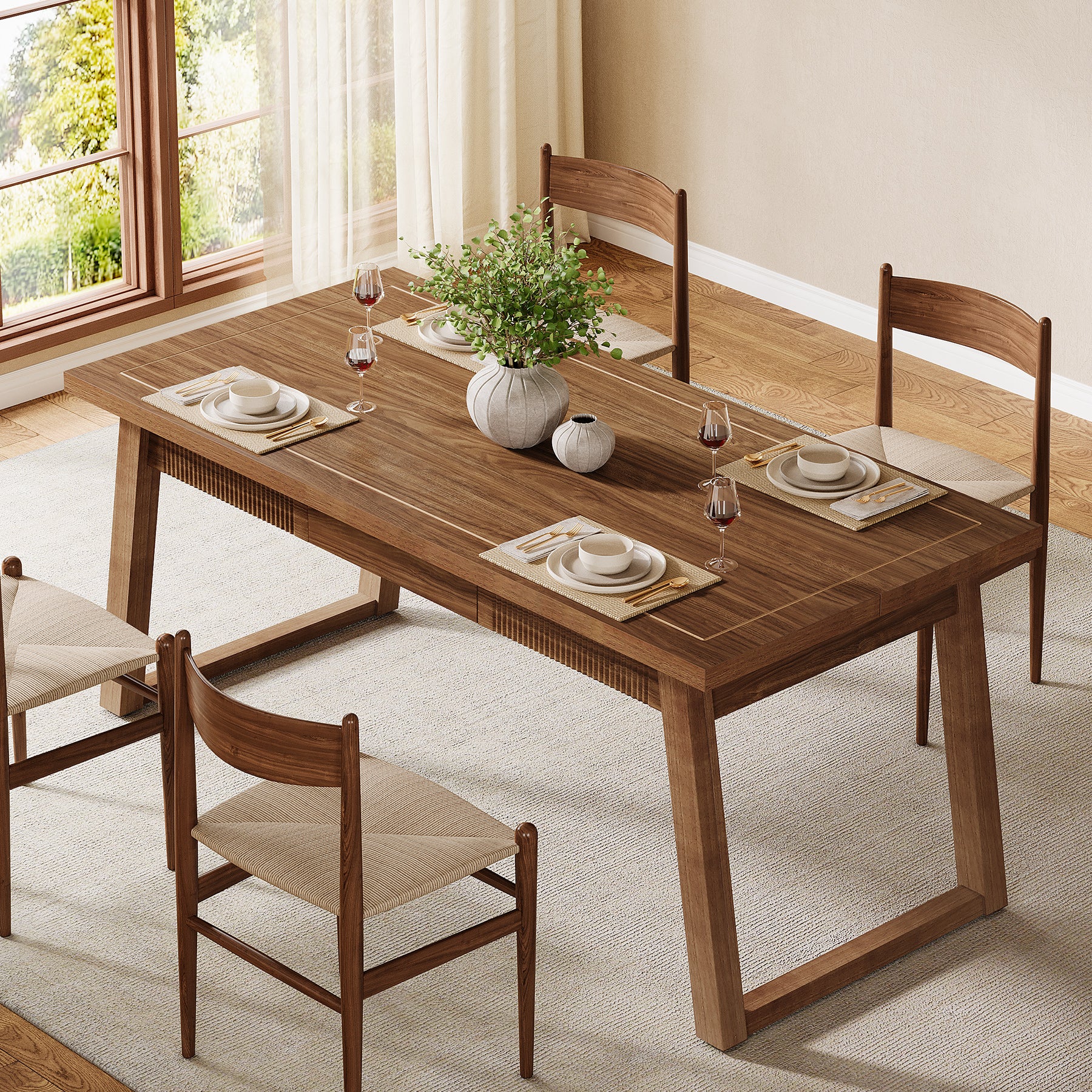 140 cm Rechthoekige Eettafel met Lade, Massief Houten Poten voor 4-6 Personen