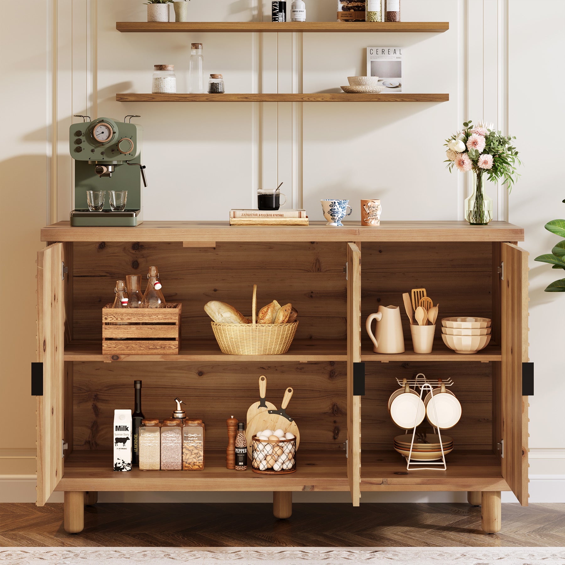 121 x 40 x 80 cm Tribesigns massief houten dressoir met 3 deuren en verstelbare planken, landelijke buffetkast voor keuken eetkamer en entree