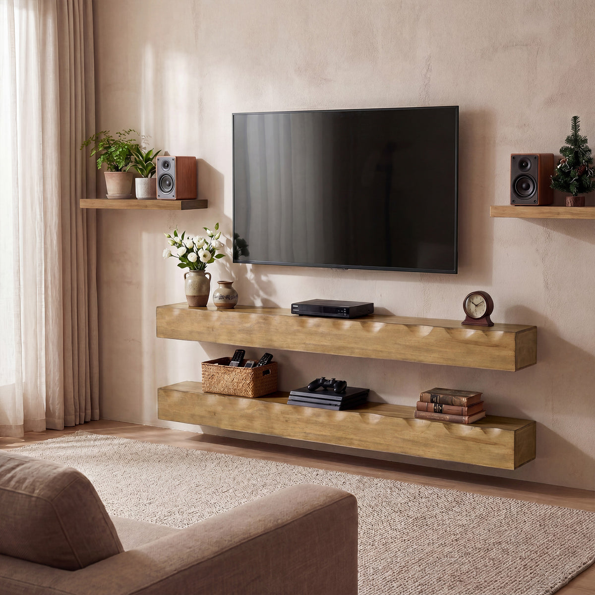 160 cm Tribesigns zwevende tv-plank van massief hout, rustieke wandplank voor media-apparatuur in de woonkamer