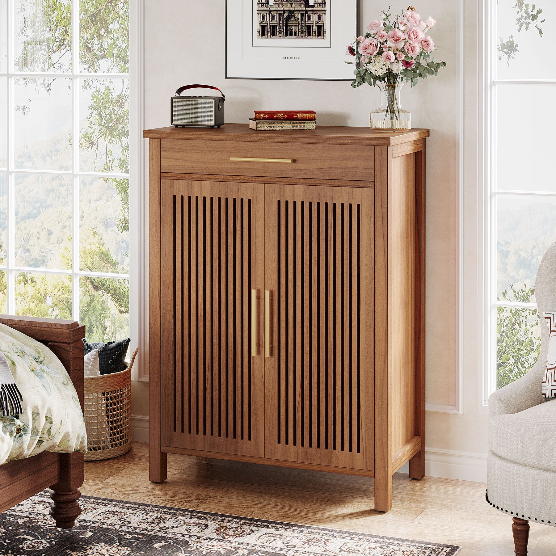 Smal Schoenenmeubel 80 cm, Verstelbare Kast Met 5 Planken En Lamellendeuren