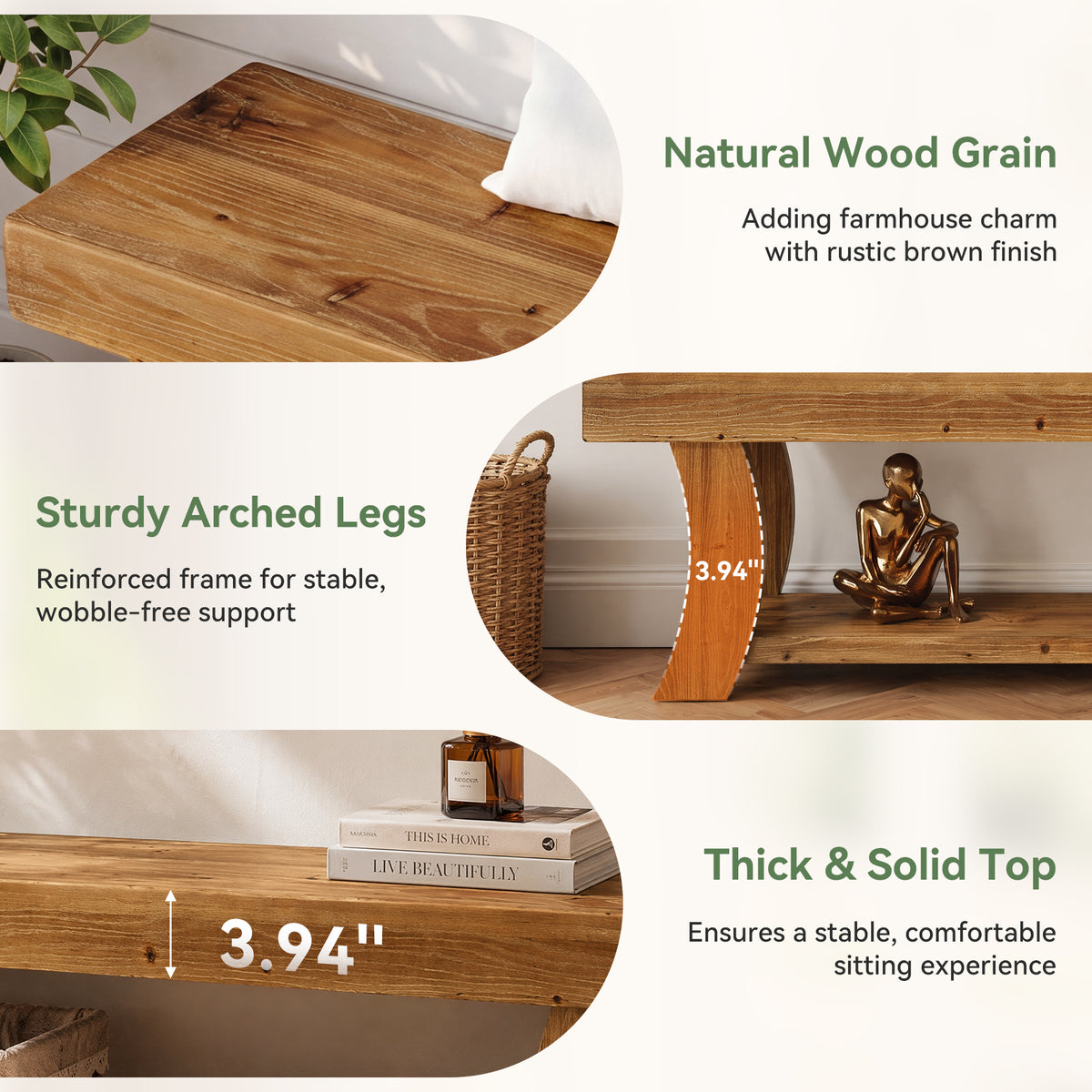 160 cm houten entreebank met opbergrek en massief houten design, landelijke schoenenbank voor hal en woonkamer