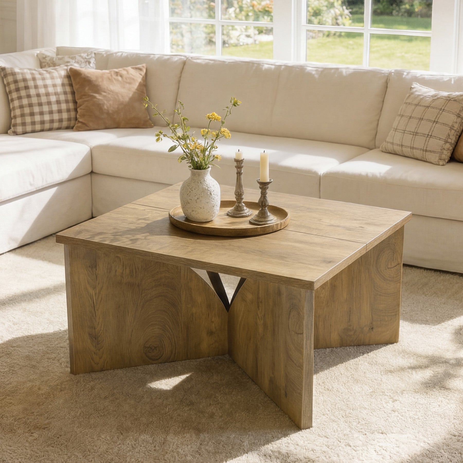 80 cm Vierkante Salontafel met Stevige Basis, Landelijke Houten Tafel voor Woonkamer