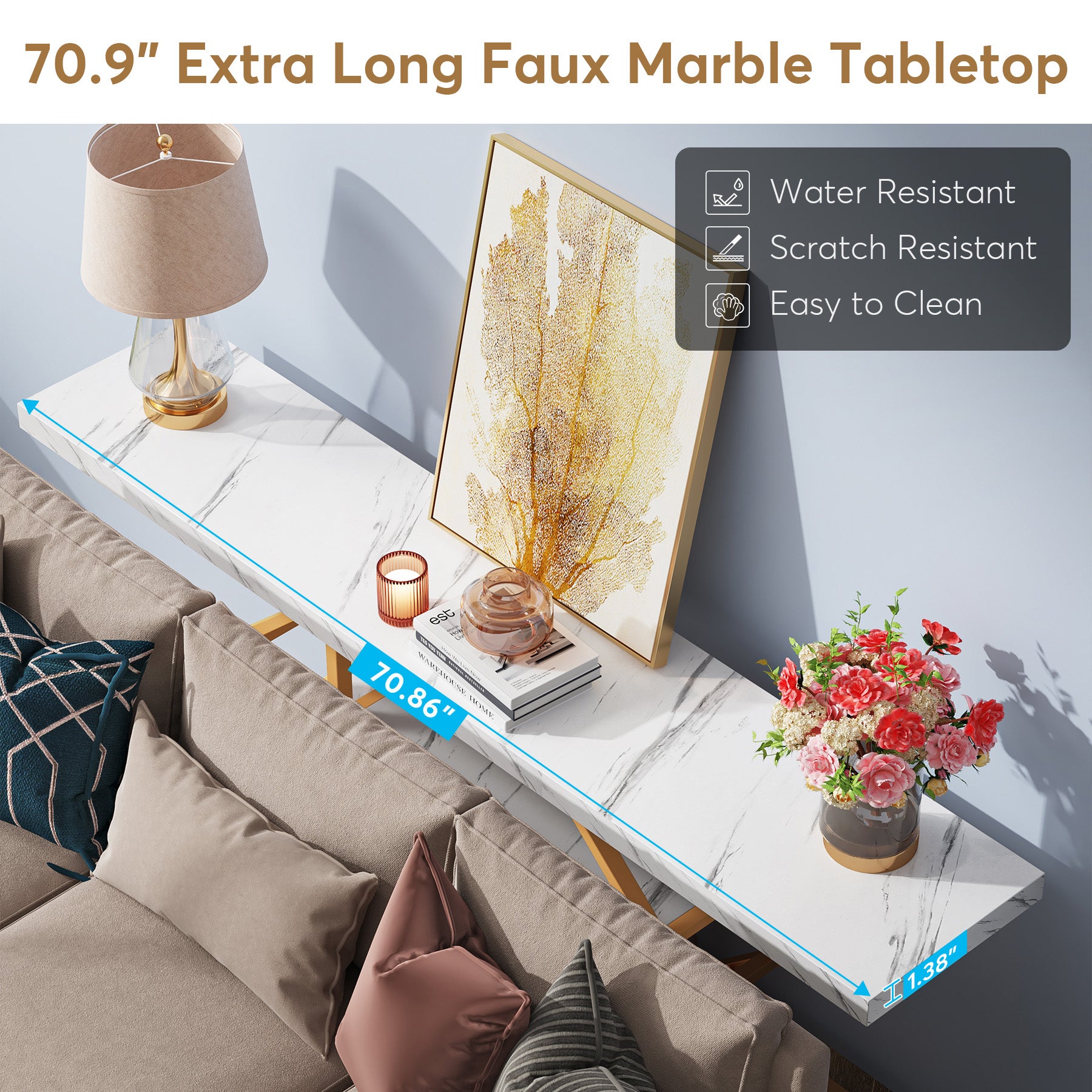 Tribesigns 180 cm Extra Lange Consoletafel, Moderne Gouden Salontafel met Opslag voor Woonkamer