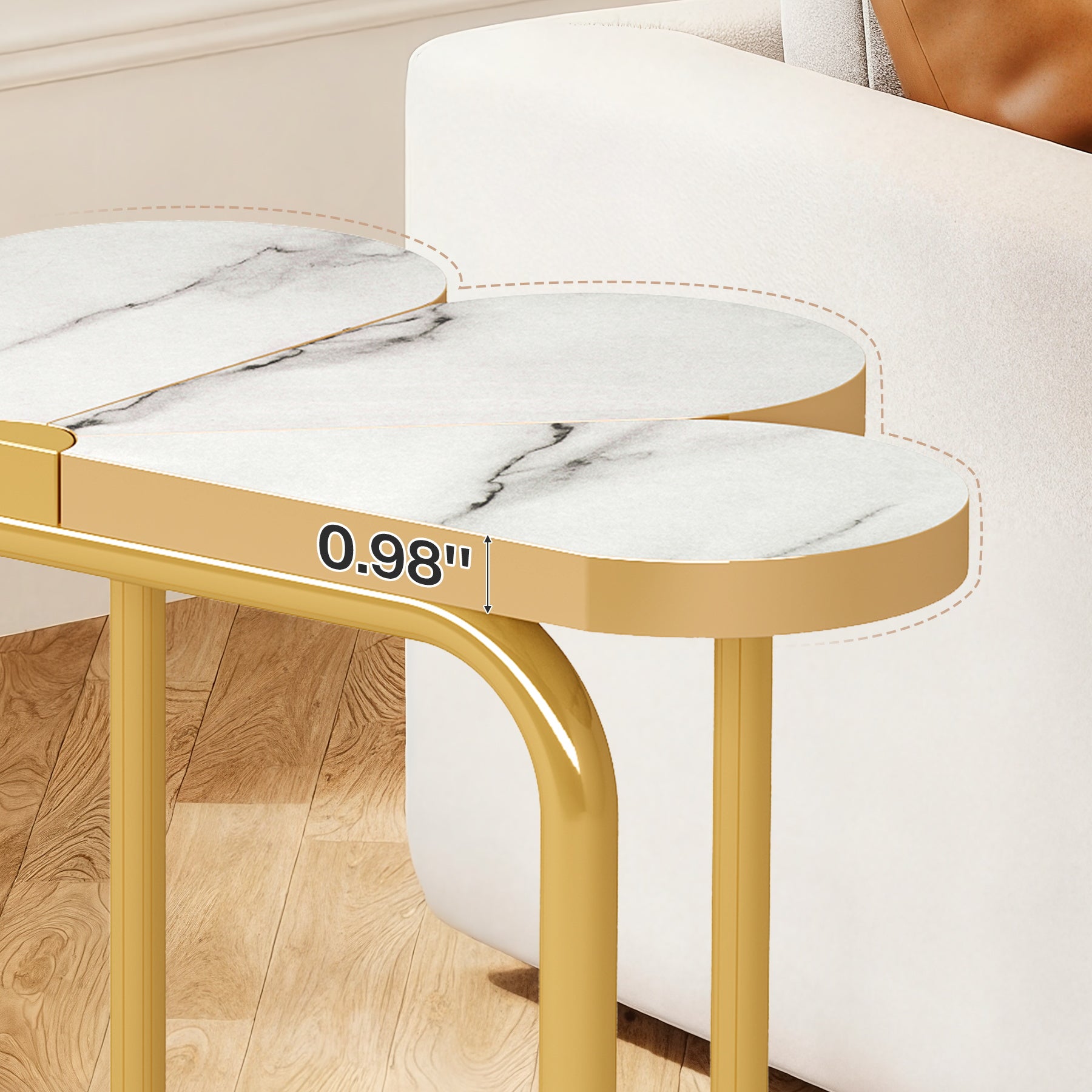 66 cm Smalle Bijzettafel, Halfronde Nachtkastje met Gouden Frame en Marmer Print