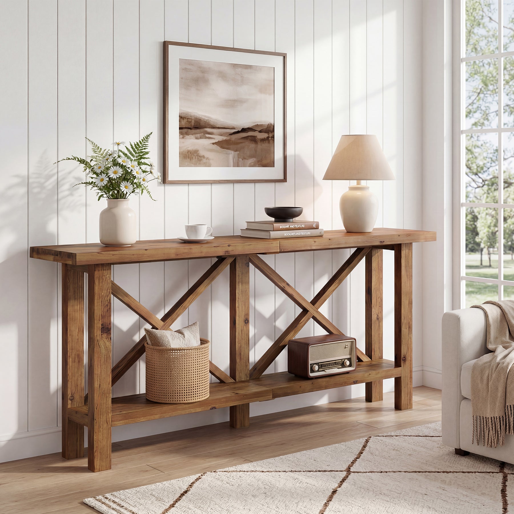 180 cm Tribesigns smalle consoletafel, 2-laagse haltafel van massief hout