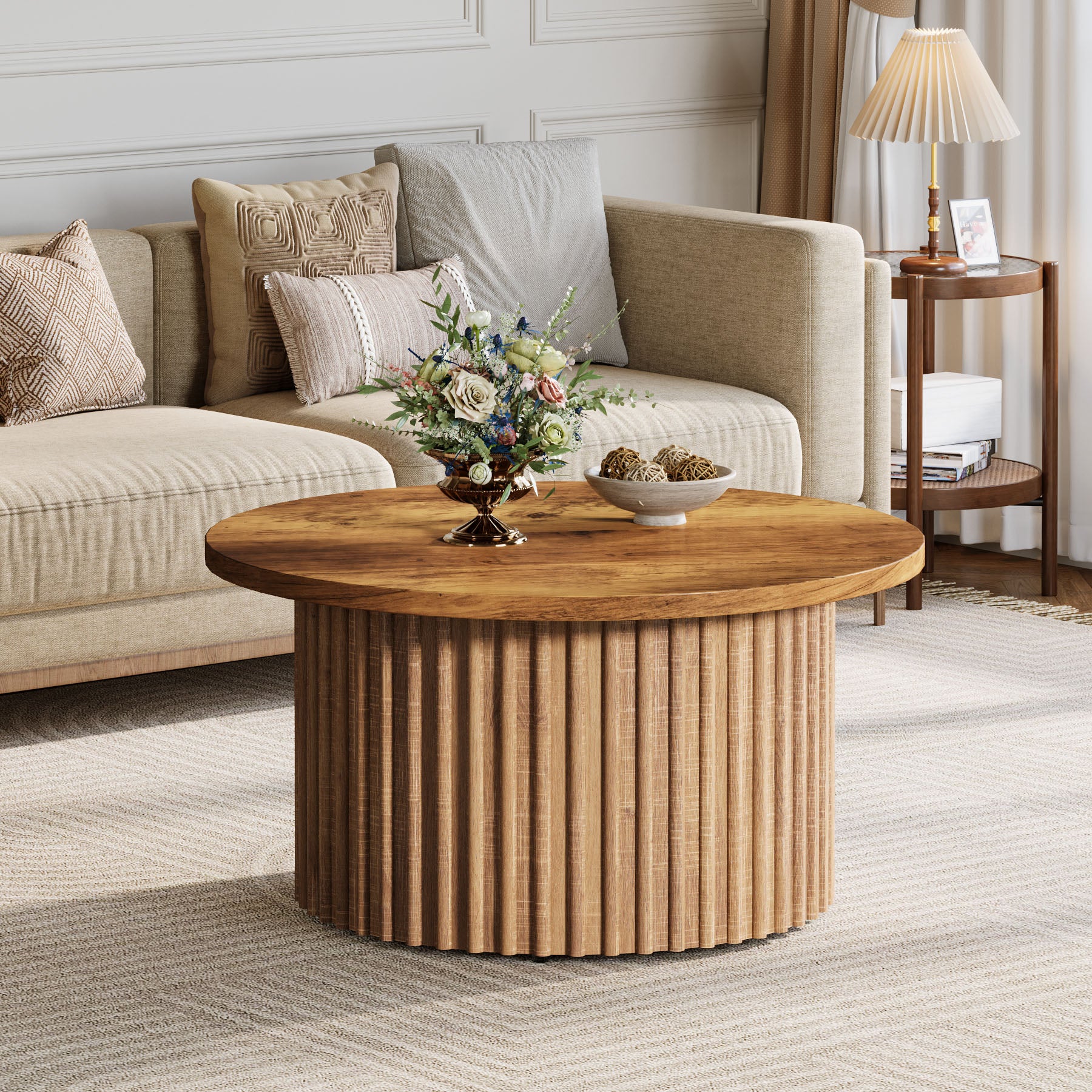 Ronde Salontafel 80 cm, Landelijke Cirkelvormige Tafel met Metalen Basis