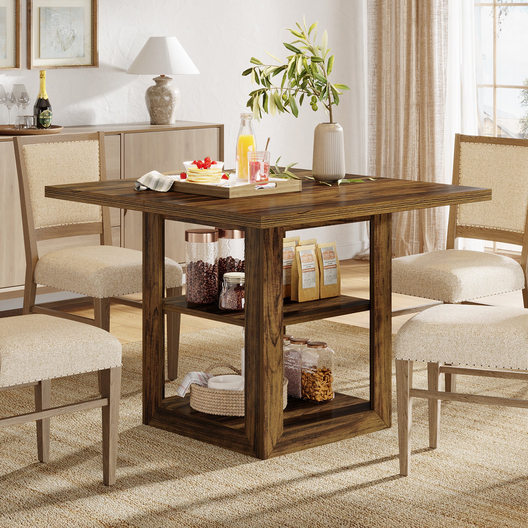 Tribesigns 79 cm Vierkante Eettafel voor 4 Personen, Met 2-Tier Opbergruimte