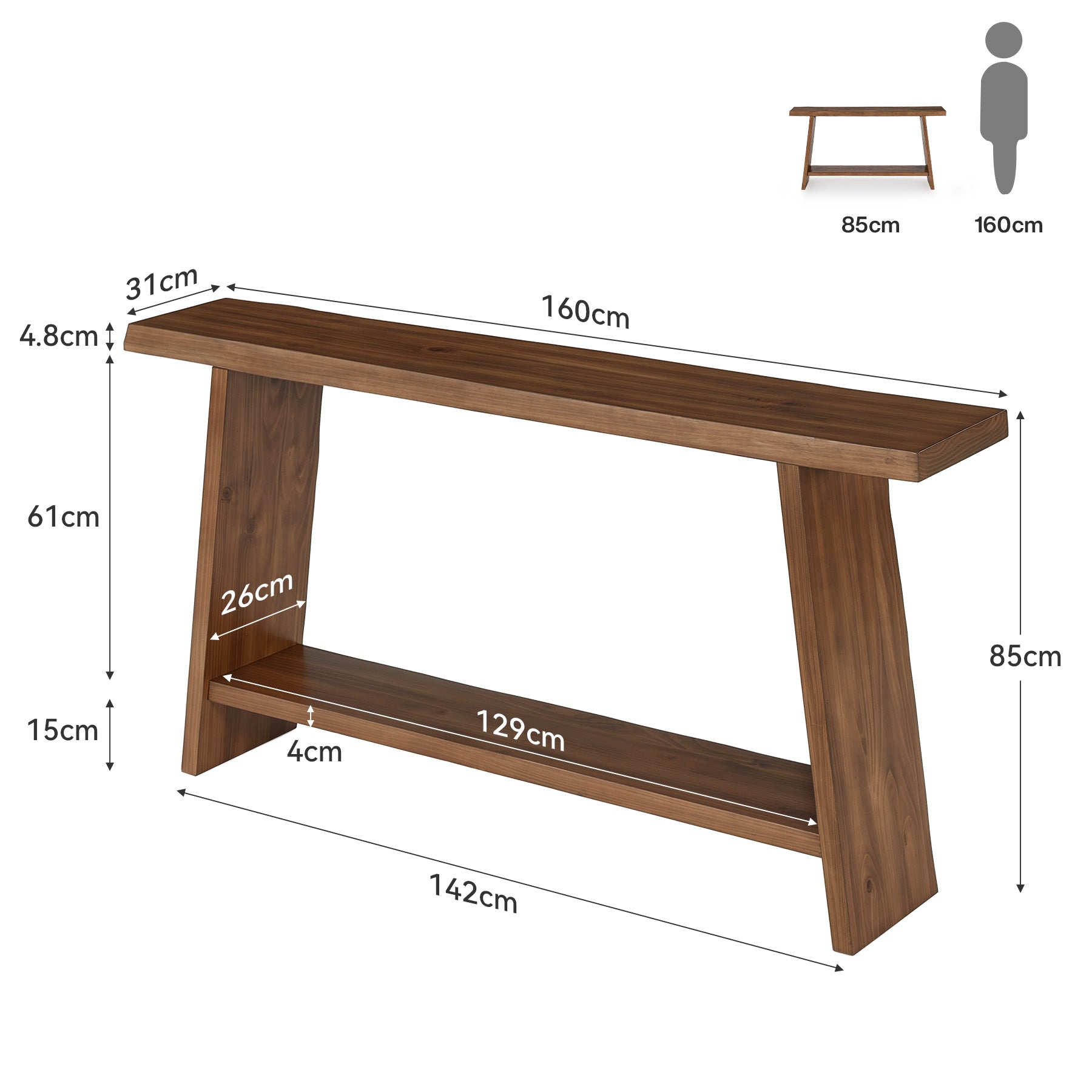 160 cm Massief Houten Consoletafel, 2-Laagse Sidetable voor Hal