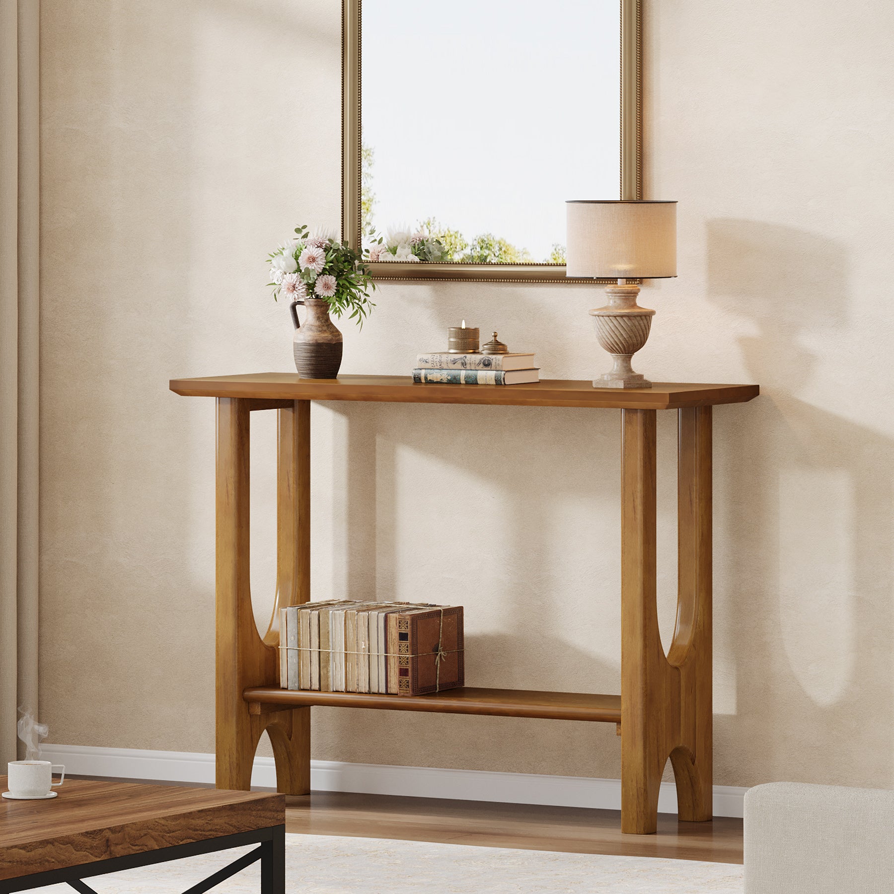 105 cm Entreetafel met 2 Niveaus, Moderne Consoletafel met Massief Houten Poten