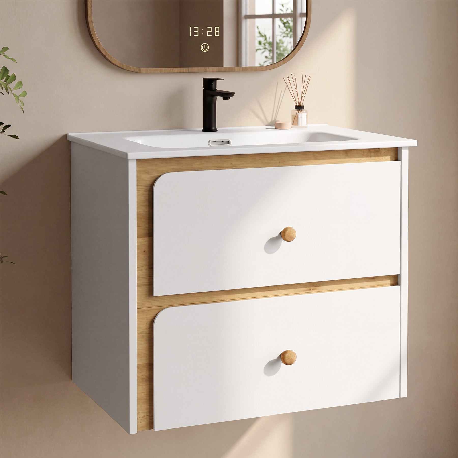 Tribesigns Hangende wastafel met keramieken waskom, Modern badkamermeubel wandgemonteerd met soft-close-deur