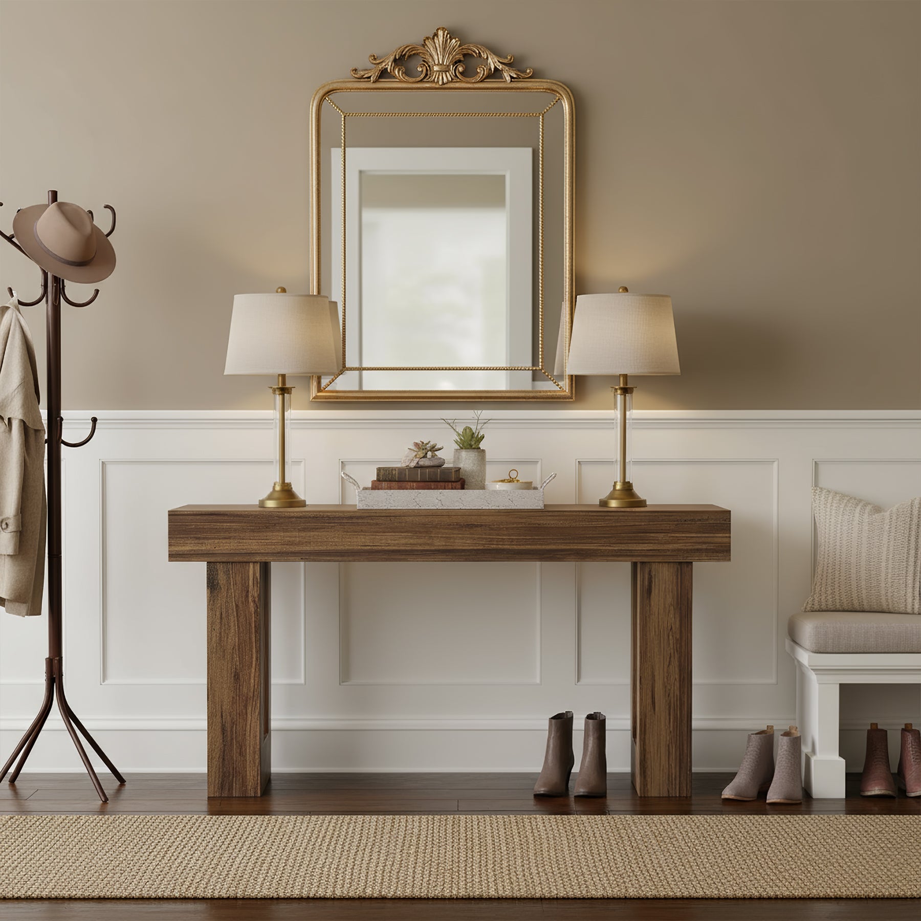 160 cm Landelijke Consoletafel met Massief Houten Poten, Houten Sofa-tafel voor Hal en Woonkamer