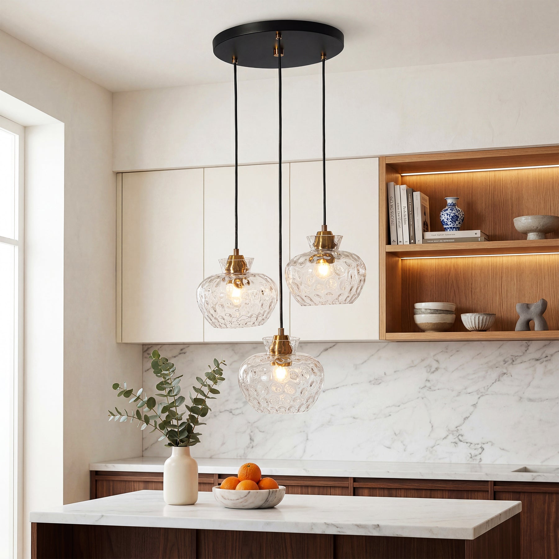 152 cm Tribesigns 3-lichts pendellamp met geribbeld glas en E27 fitting, in hoogte verstelbare vintage hanglamp voor eettafel, keuken en woonkamer [Energieklasse E]