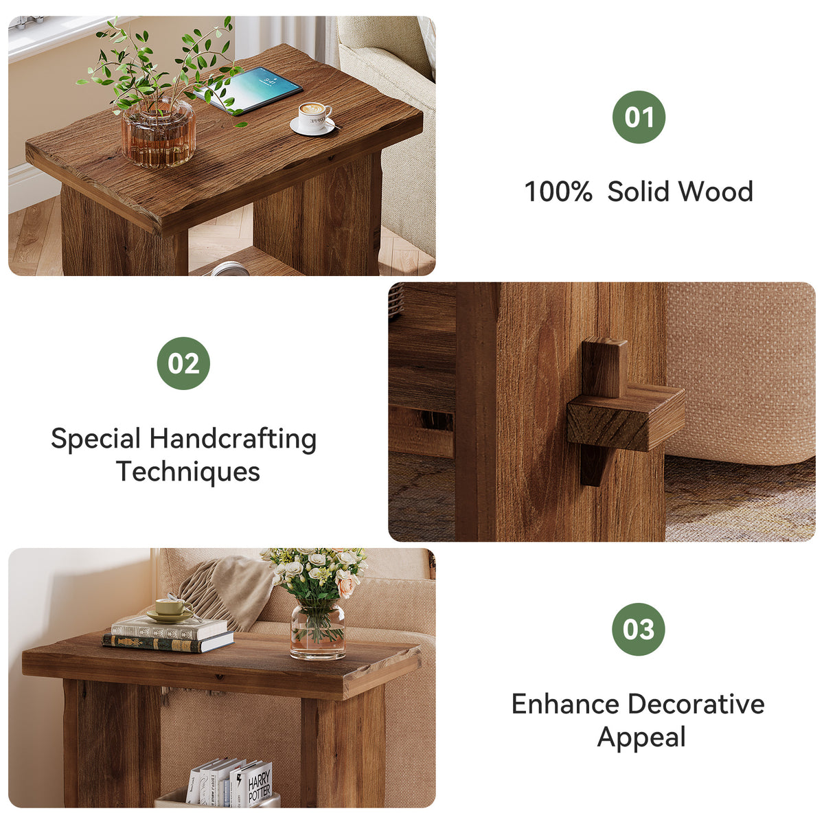 Tribesigns 60x40 cm massief houten bijzettafel met 2-laags opbergruimte, compact nachtkastje voor woonkamer