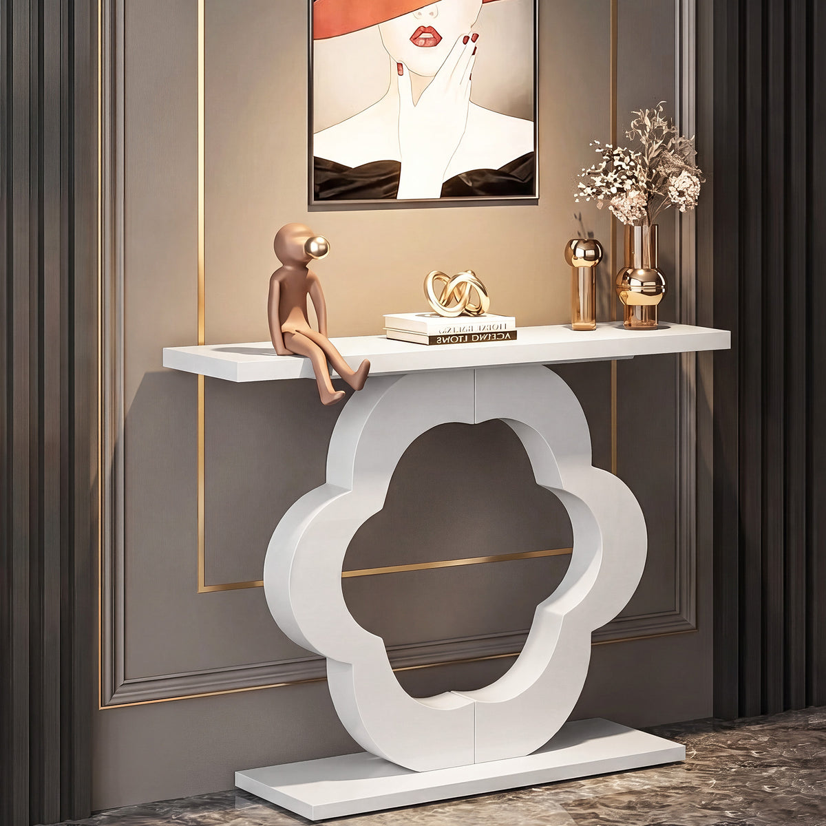 100 cm smalle consoletafel met hoogglans afwerking en modern bloemvormig frame, entree tafel voor hal en woonkamer