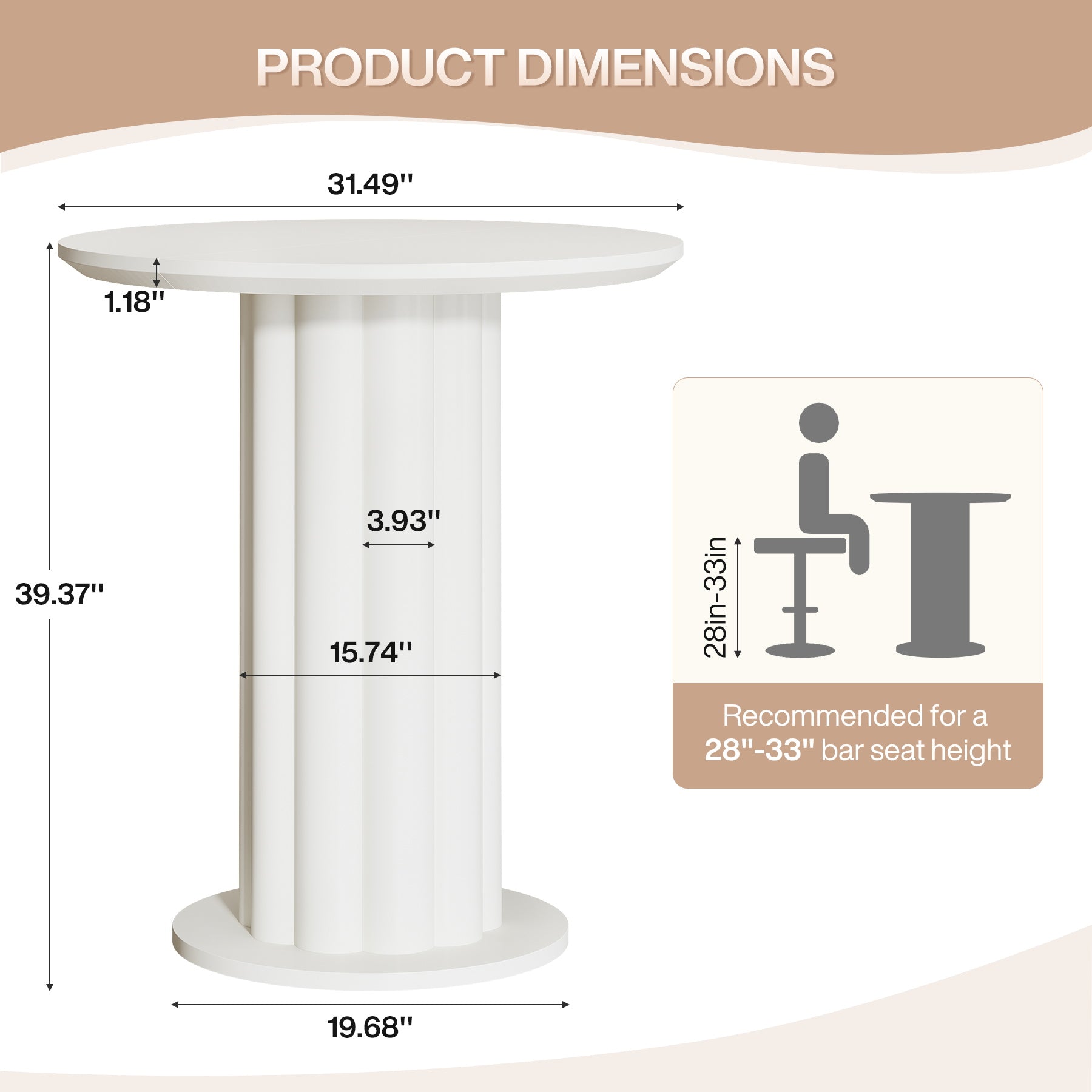Tribesigns 99 cm Hoge Bartafel met Romeins Zuilenvoet, Ronde Tafel voor Kleine Ruimtes