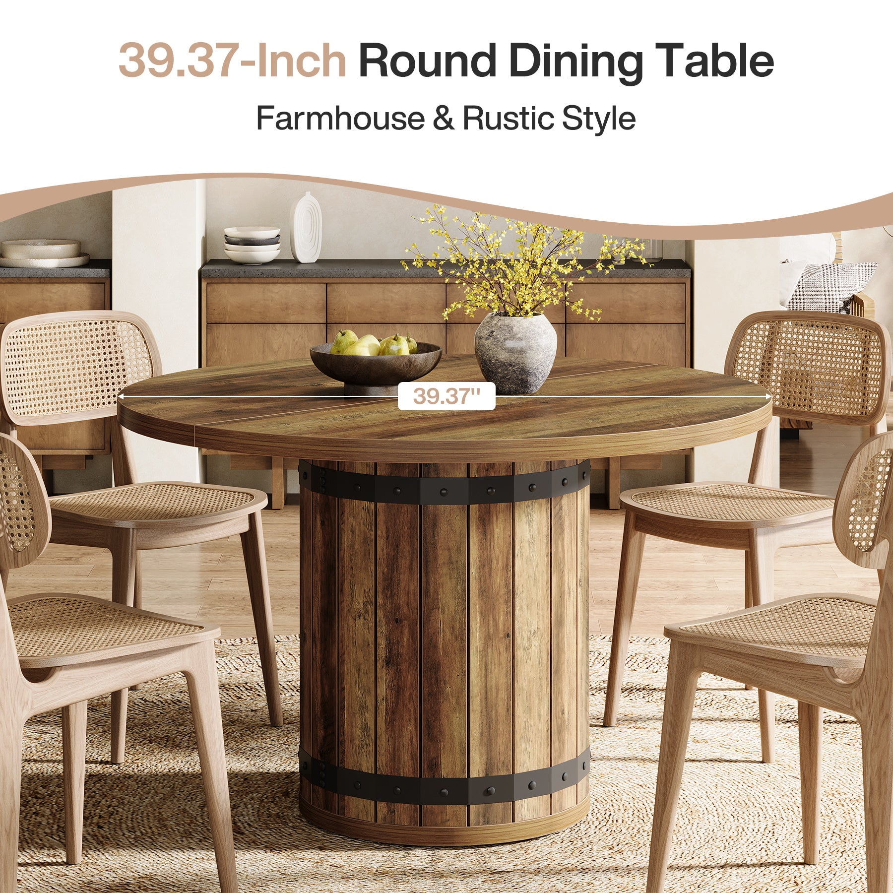 100 cm Ronde Boerderij Eettafel voor 4 Personen, Met Gelamineerd Blad en Hekwerk Basis in Landelijk Bruin