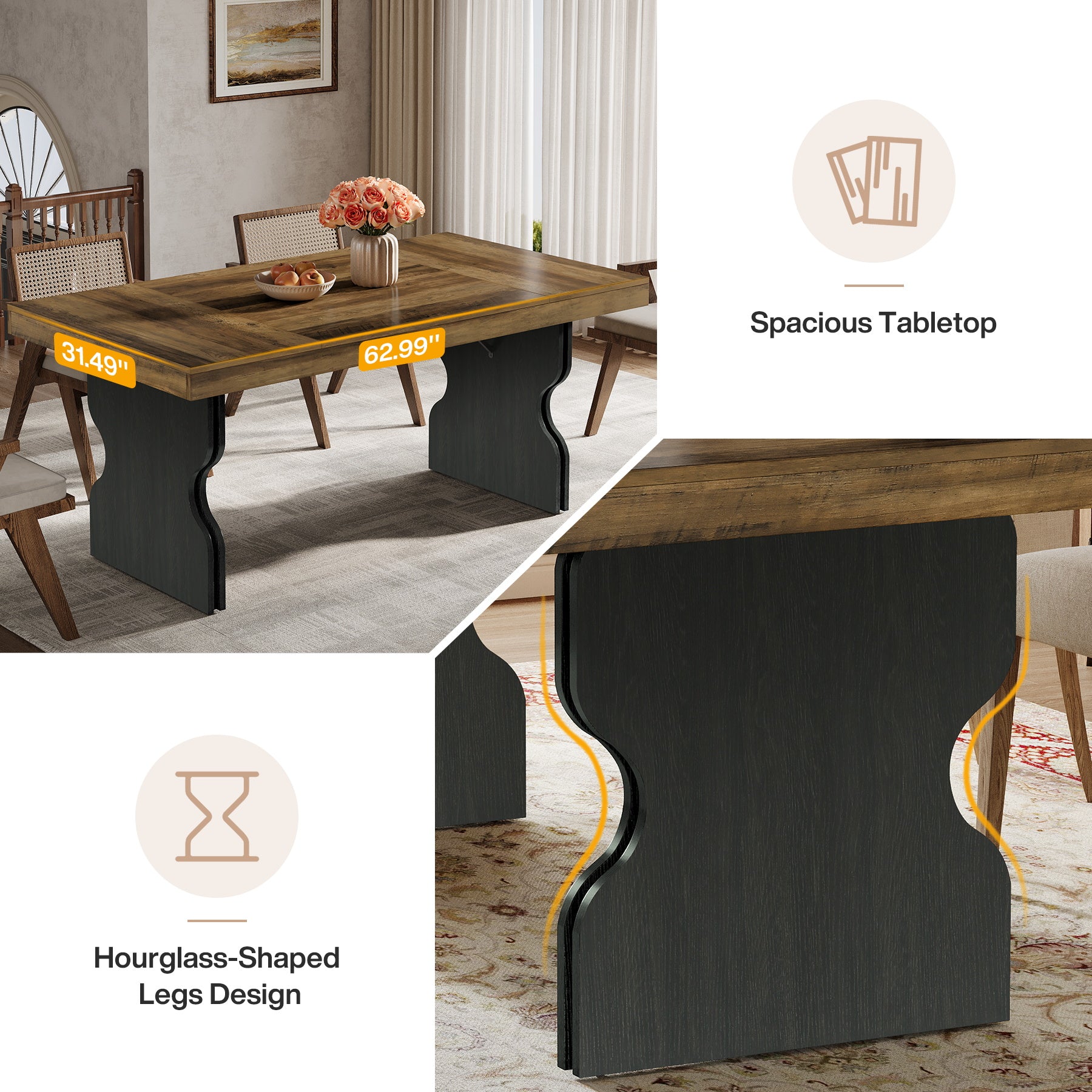 Tribesigns 160 cm Eettafel voor 4–6 Personen, Rechthoekige Landelijke Keukentafel met Zandloperpoten