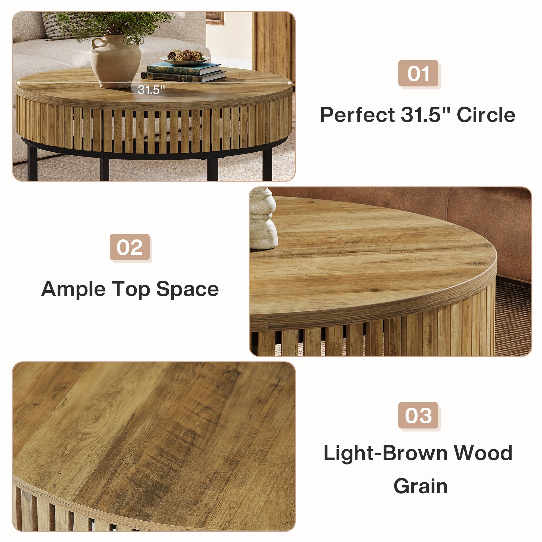 80 cm Ronde Salontafel van Hout, Moderne Industriële Koffietafel voor de Woonkamer