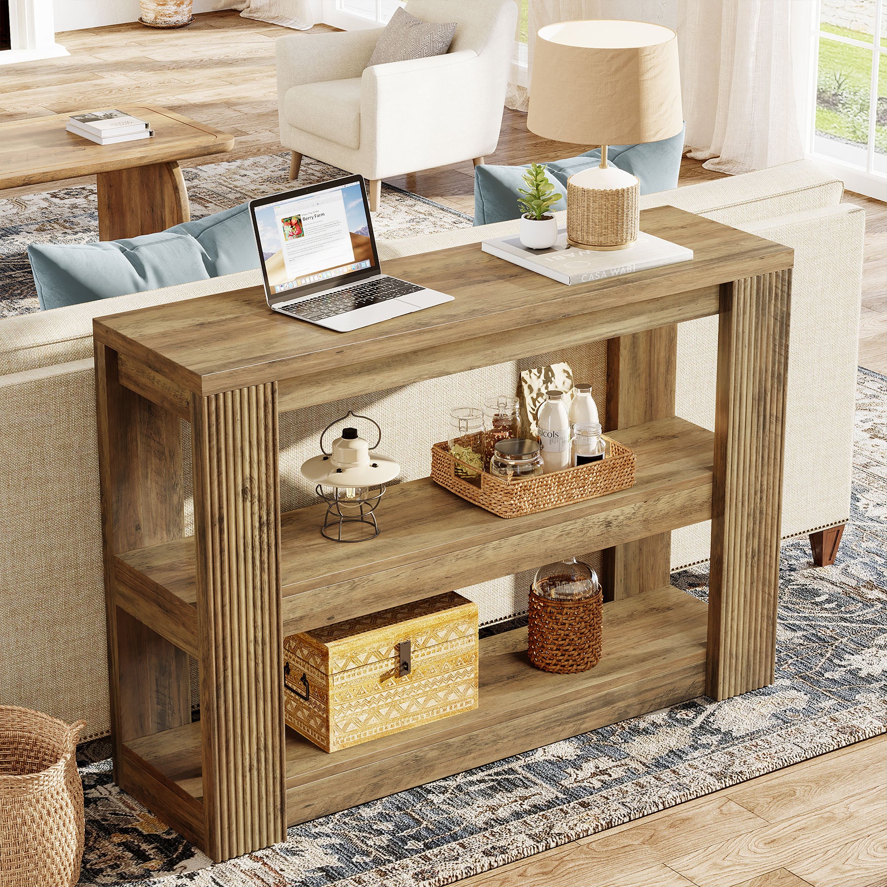 105 cm Landelijke Consoletafel met 3 Planken, Smalle Banktafel