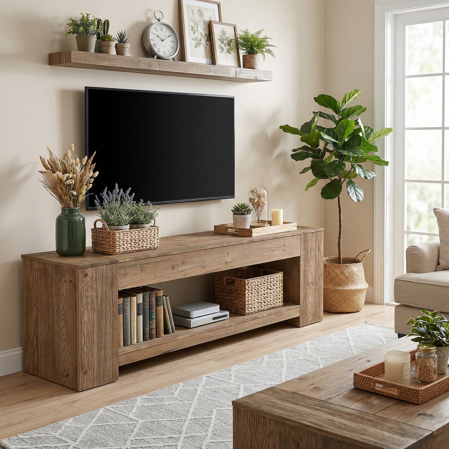 Tribesigns massief houten tv-meubel 160 cm voor tv’s tot 75 inch, landelijke tv-kast met open opbergvak