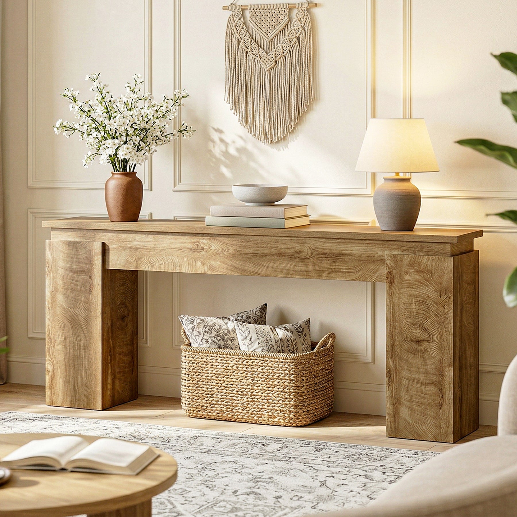 160 cm Consoletafel met Open Opbergrek, Landelijke Sofa Tafel voor Woonkamer en Entree