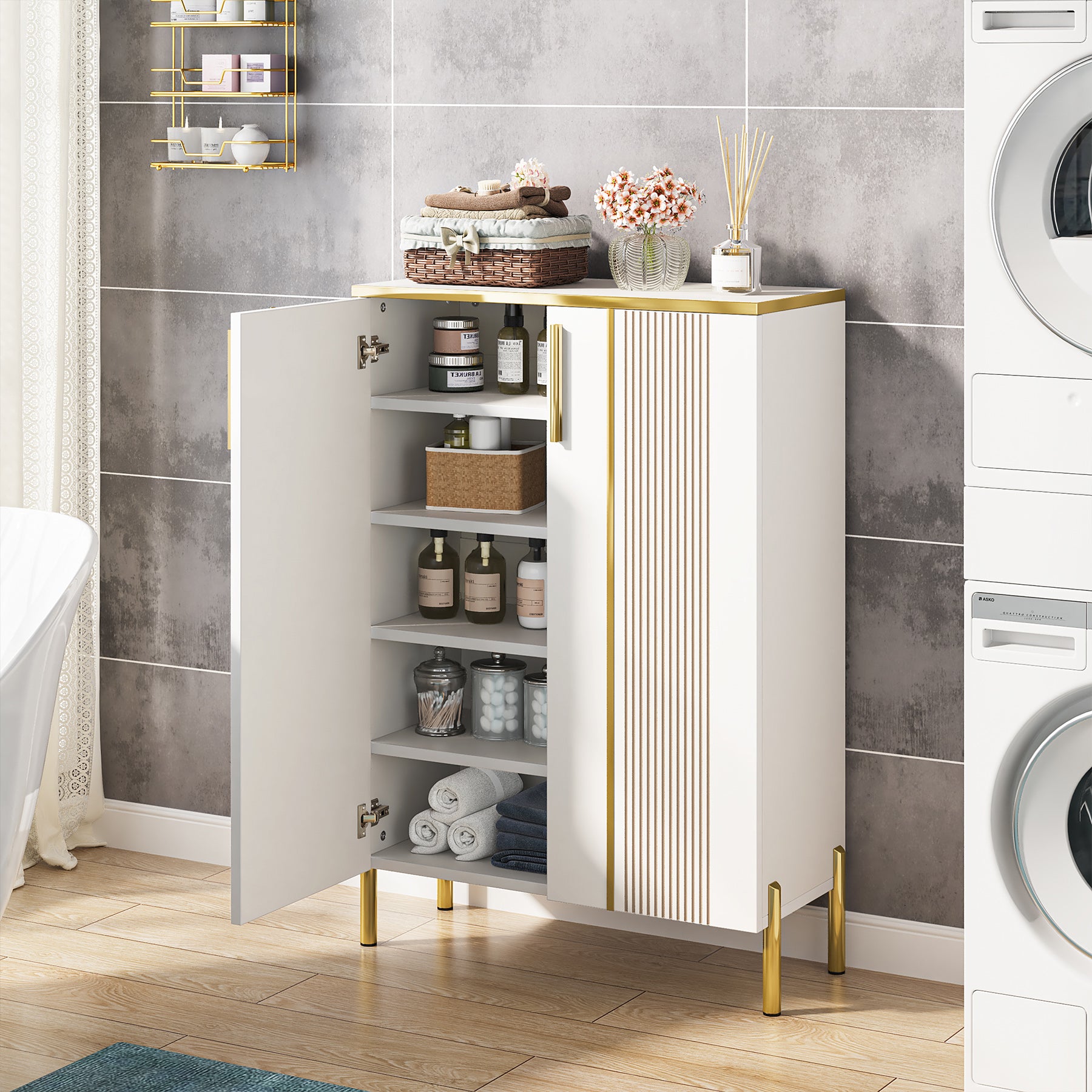 120 cm Hoge Schoenenkast, Witte Opbergmeubel met Zes Planken en Gouden Accenten