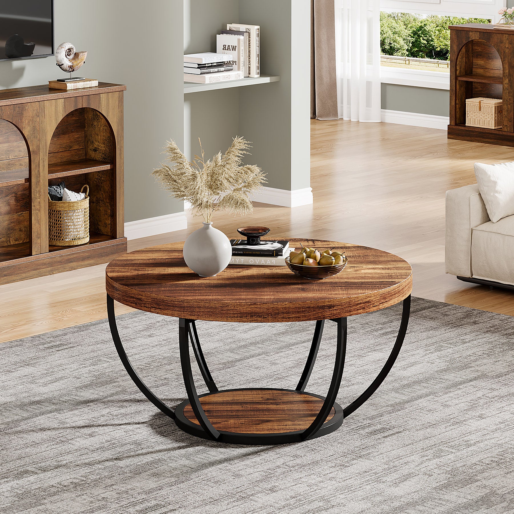 80,5 cm Ronde Industriële Salontafel, Tweelaags Middentafel in Rustiek Bruin en Zwart