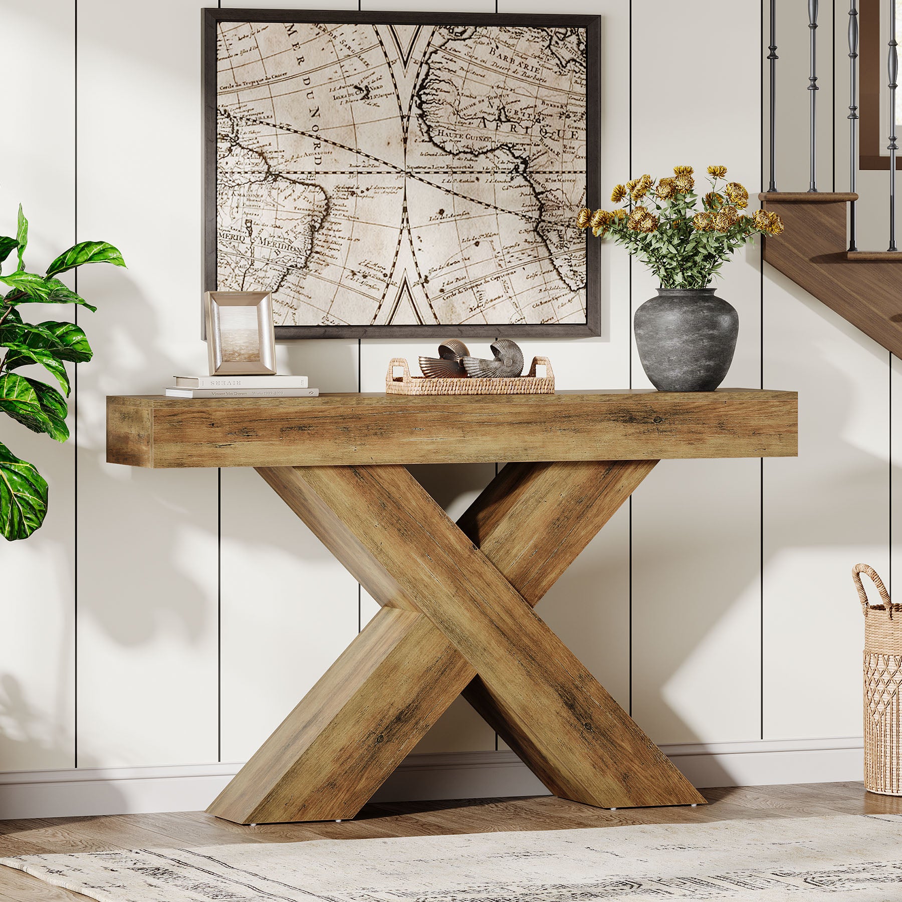 140 cm consoletafel, houten sidetable met uniek ontwerp voor hal of achter bank