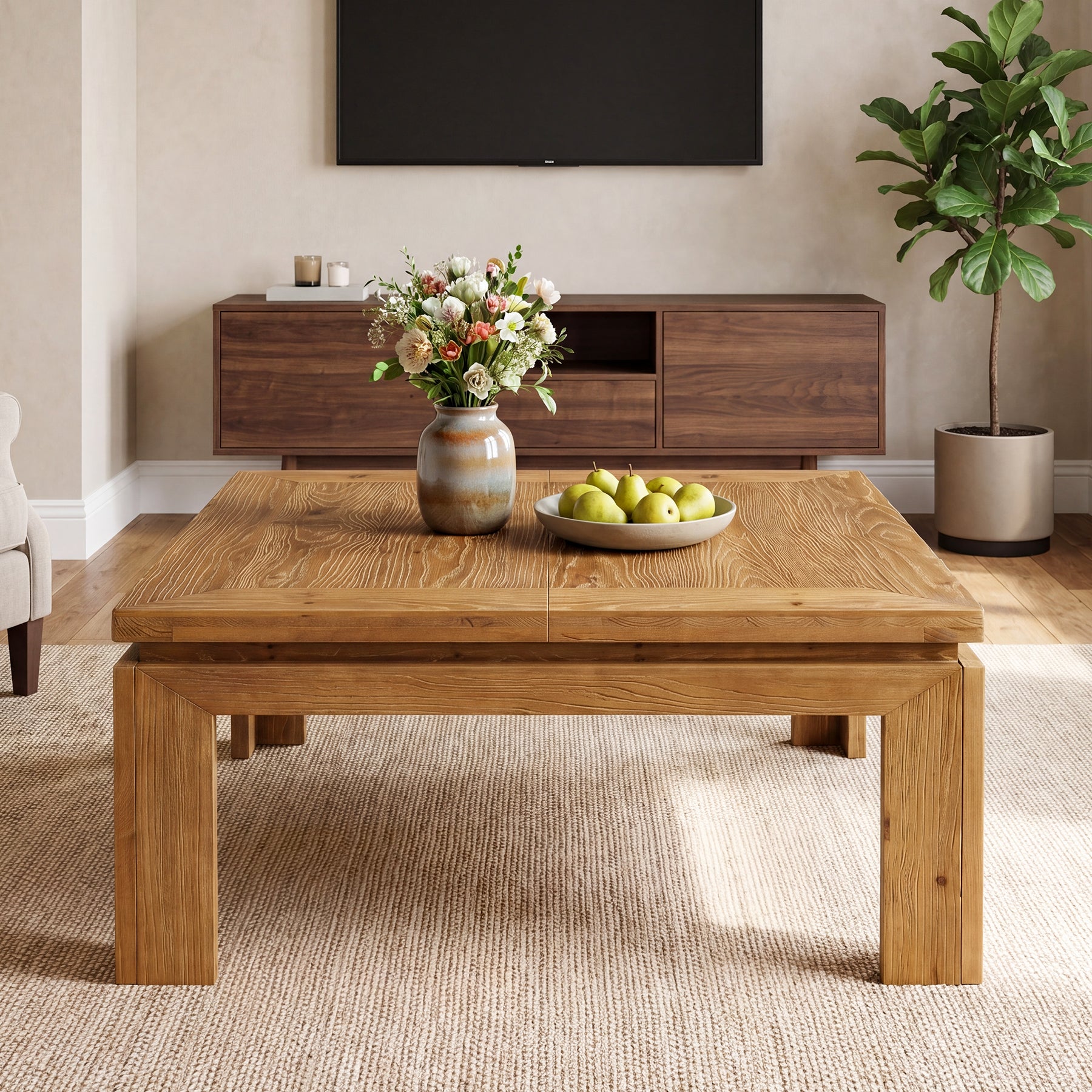 100 x 100 x 46 cm Tribesigns vierkante salontafel van massief hout met verzonken rand, landelijke middentafel voor woonkamer