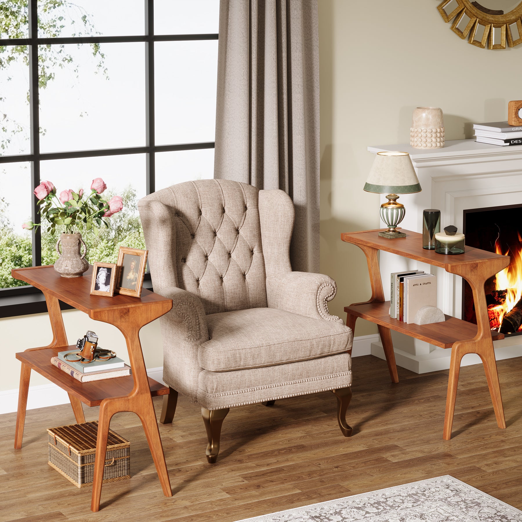 70 cm Tribesigns Bijzettafel van Massief Hout, Smalle 2-Laagse Tafel met Legplanken