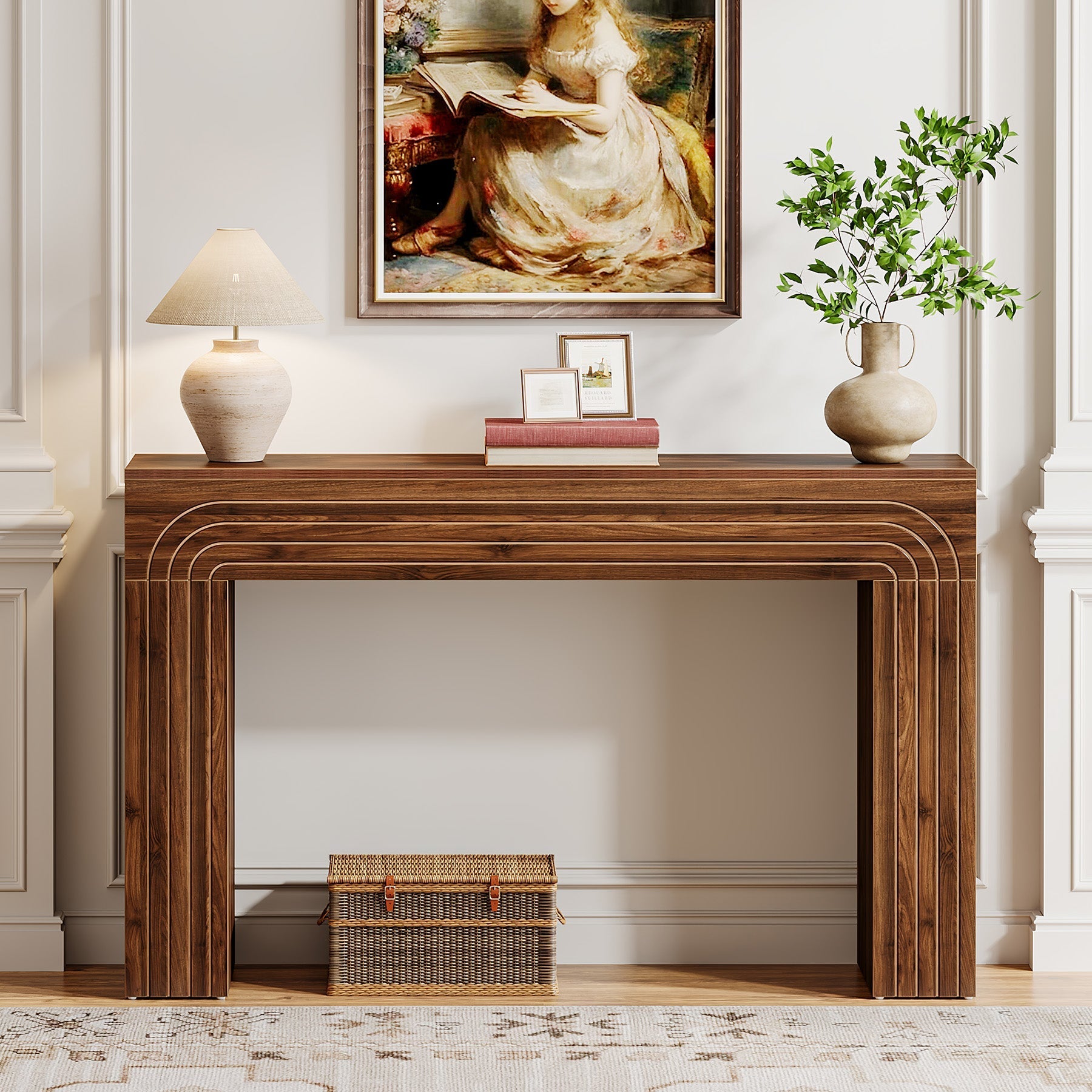 140 cm Landelijke Consoletafel, Lange Smalle Bureautafel met Versterkte Poten voor Hal