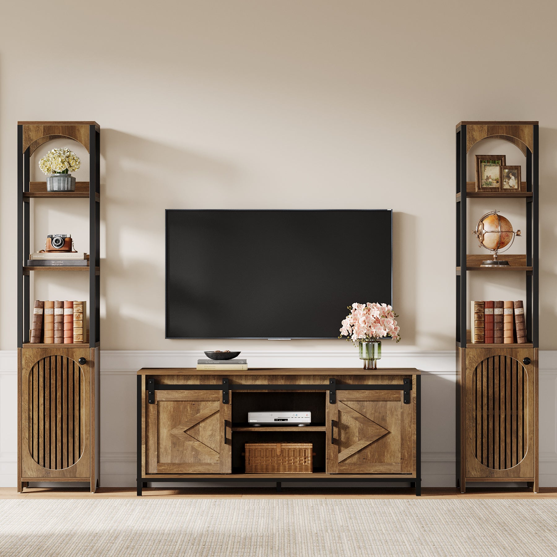 180 cm Hoge Boekenkast, Industriële Hoekkast met Lamellendeur voor Woonkamer en Kantoor