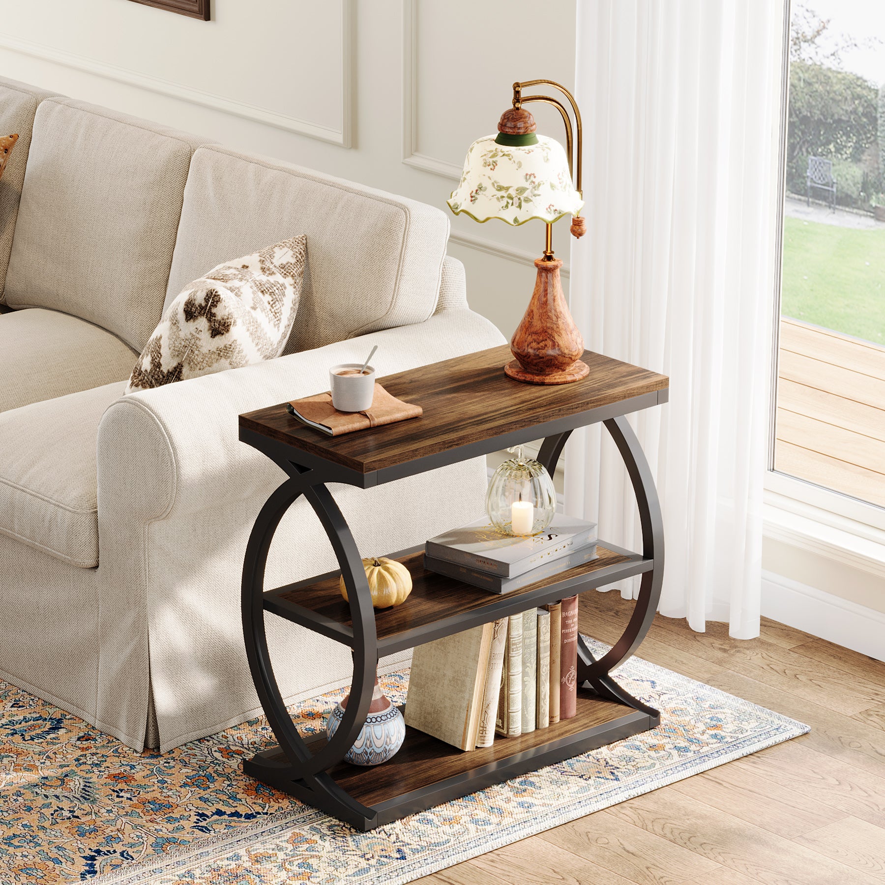 60 cm Smalle Bijzettafel met 3 Niveaus, Industriële Houten Nachtkastje voor Kleine Ruimtes